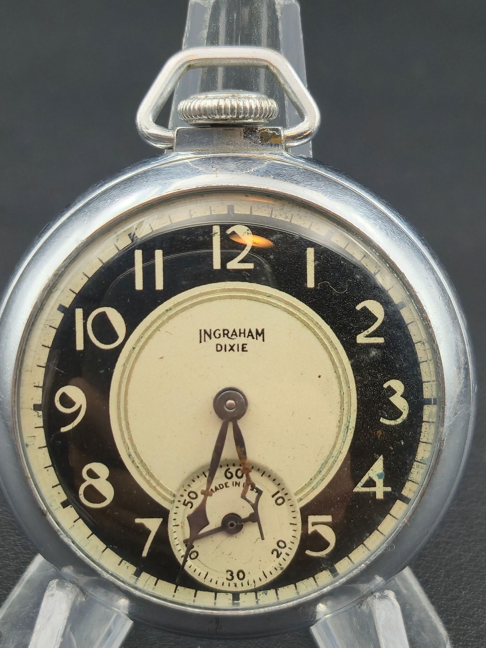 1940s Ingraham “Dixie” Pocket Watch – Art Deco Dial, Nickel Case, New Glass Crystal – (1 of 6)
