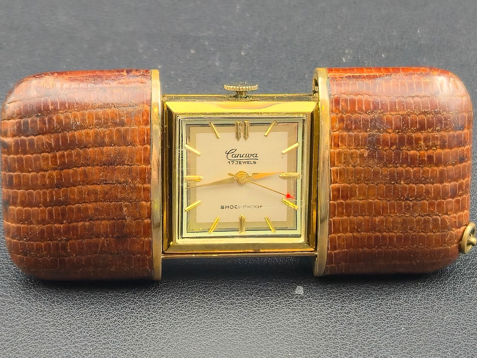 Canava 17J Swiss “Cigarette Case” Travel Watch, Gold-Tone with Lizard Wrap, 1950s – Runs (1 of 6)
