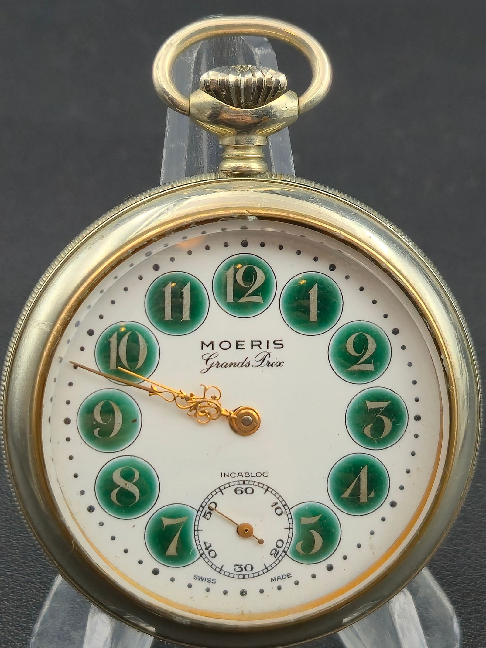 Moeris Grands Prix 17J Swiss Pocket Watch, Engraved Farm Scene Case – Runs (1 of 9)