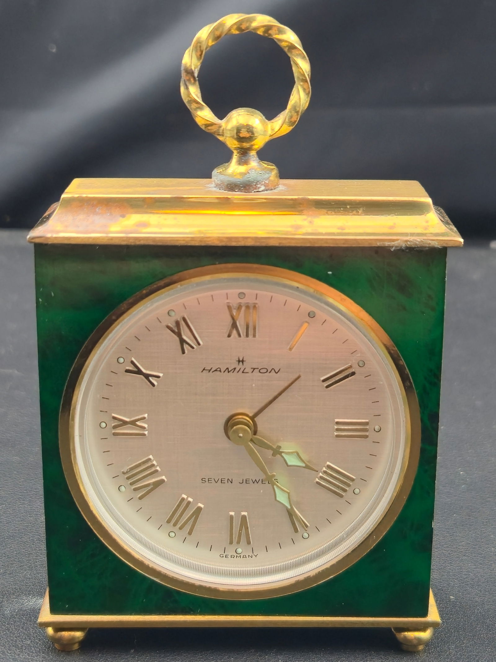 Hamilton Seven Jewels Green Enamel Brass Carriage Alarm Clock (Germany, 1960s) (1 of 9)