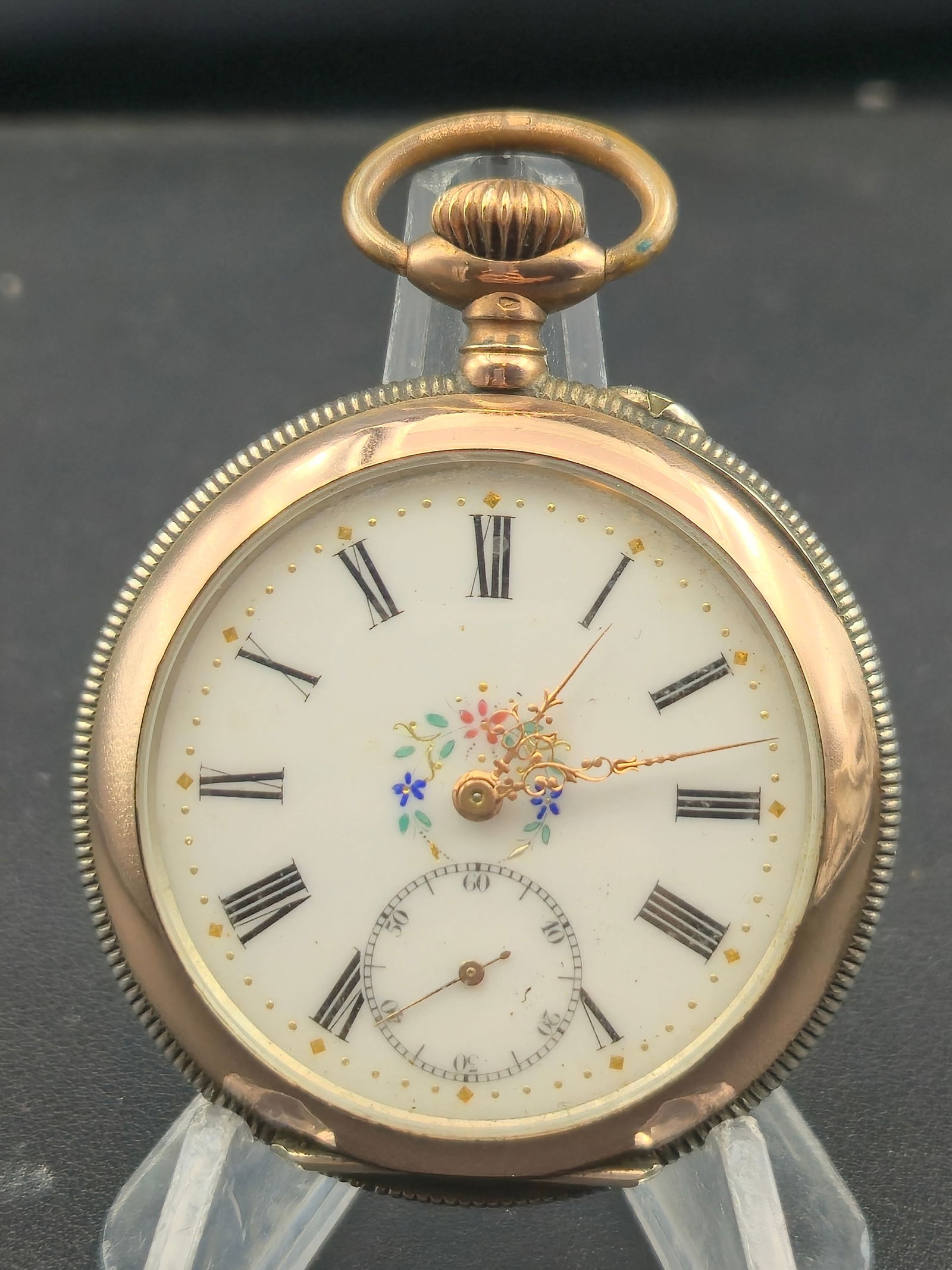 Swiss Remontoir Cylindre 10 Rubis .800 Pocket Watch Enamel Floral Dial c1890s (1 of 8)