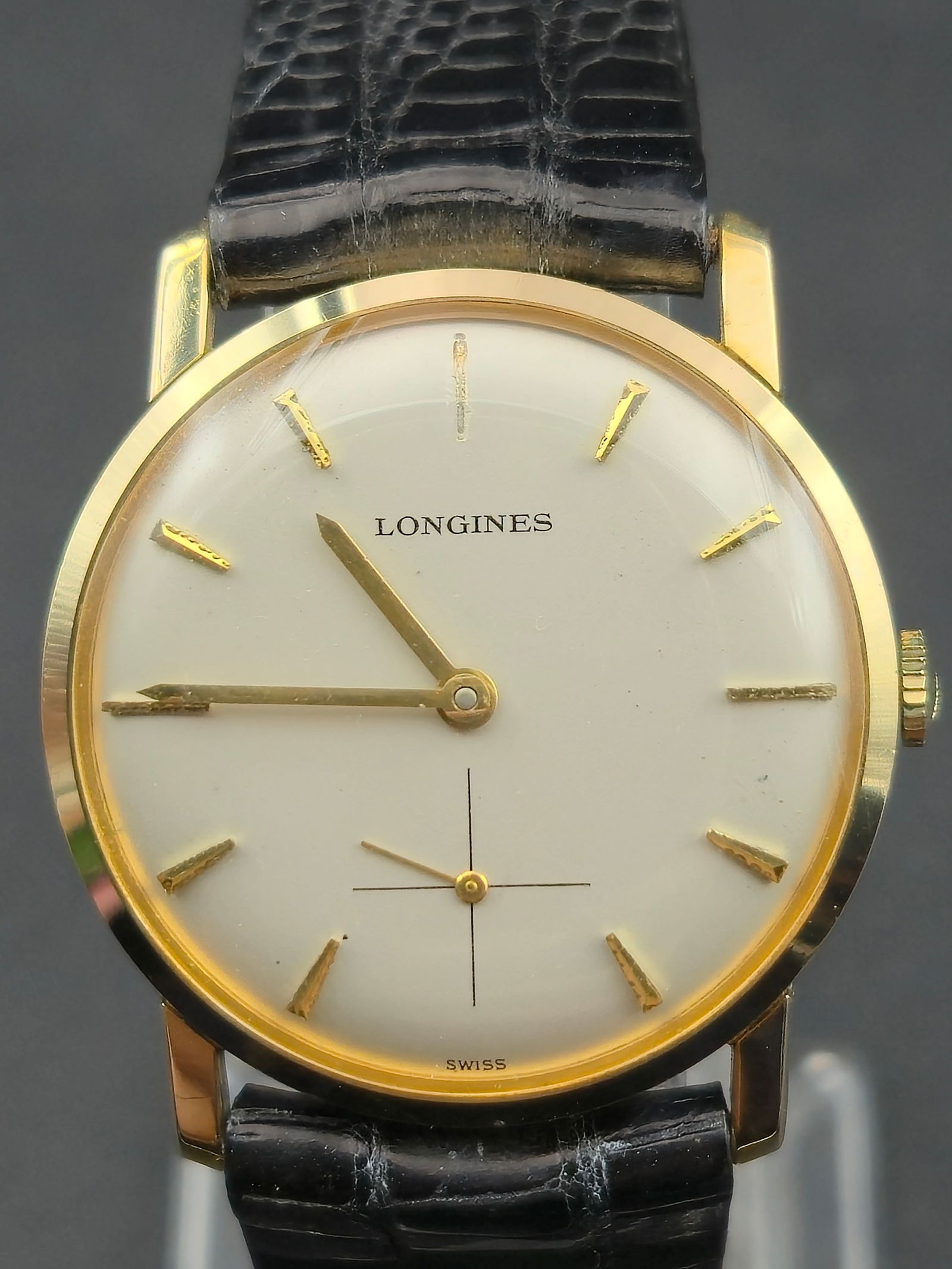Longines Wittnauer 10K GF Cal.370 Manual 17J “Speed Queen 25 Years” Dress Watch c.1965: Elegant vintage Longines Wittnauer men’s wristwatch, circa 1965, powered by the Swiss-made Caliber 370 manual-wind 17-jewel movement (serial 11720736) marked LXW for U.S. import. The inside caseback