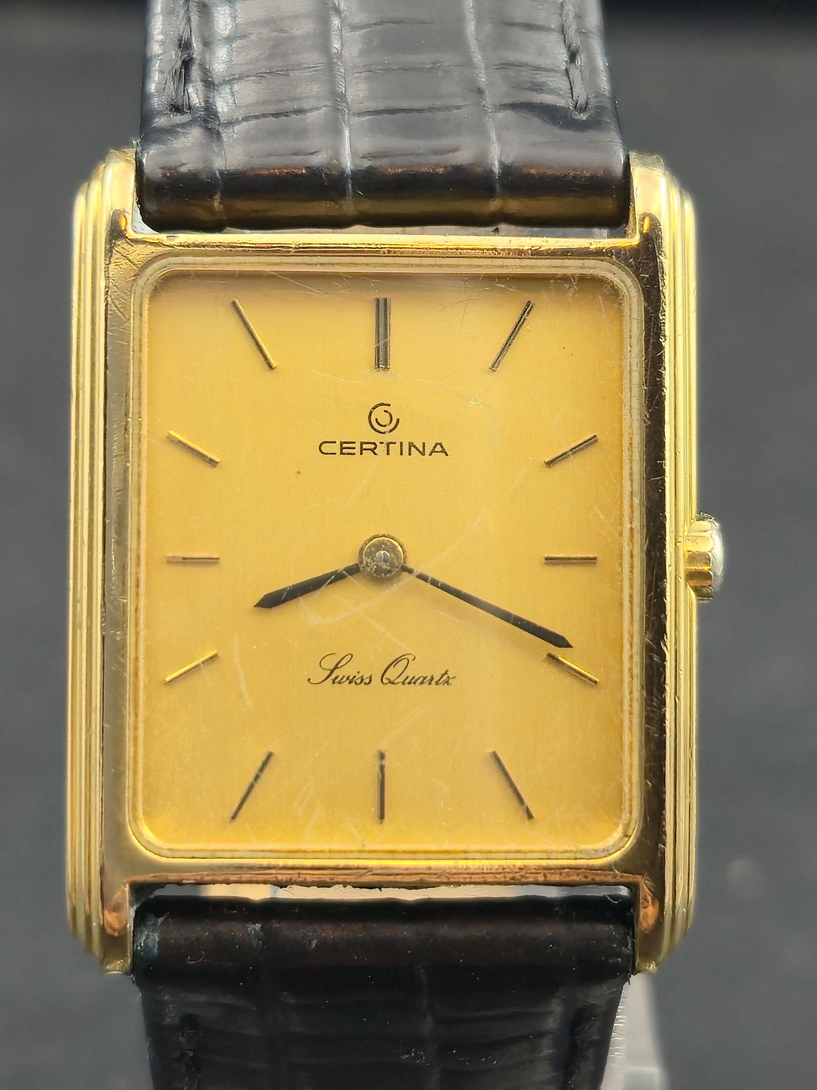 1970s Certina Swiss Quartz 24 mm Gold-Tone Rectangular Dress Watch (New Battery) (1 of 8)