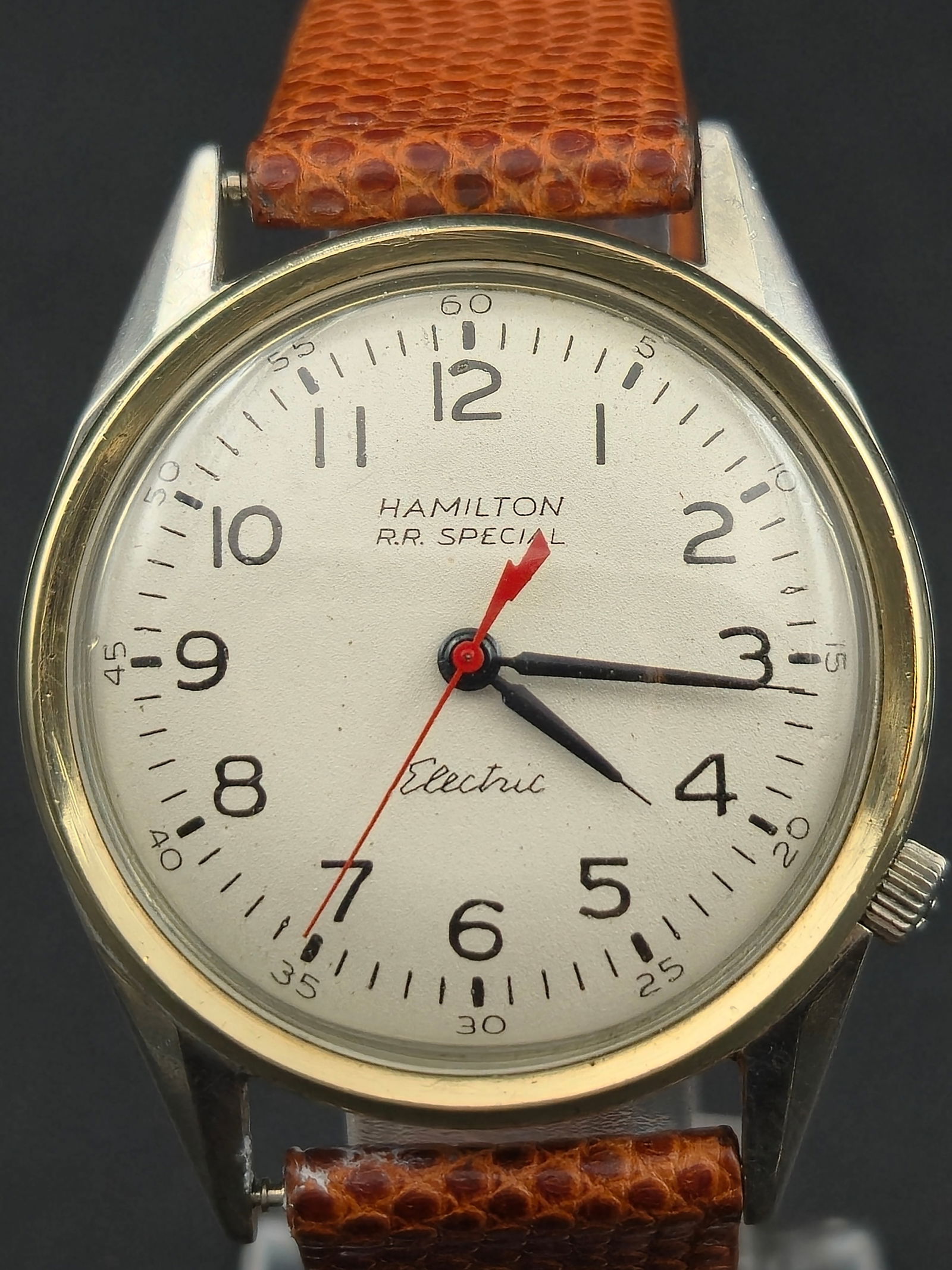 Hamilton RR Special Electric Wristwatch 1962 10K GF Bezel 35 mm: Vintage 1962 Hamilton RR Special Electric wristwatch featuring a white railroad style dial with bold black Arabic numerals and red sweeping seconds hand. Powered by the early Hamilton Caliber 505 elec