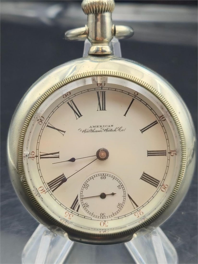 1896 Waltham 18s 7J No.18 Silveroid Pocket Watch: Antique Waltham Grade No. 18 pocket watch, serial #7978541, manufactured in 1896. Features a 7-jewel, 18-size nickel-finished full plate movement with pendant setting and Breguet hairspring. The Roman