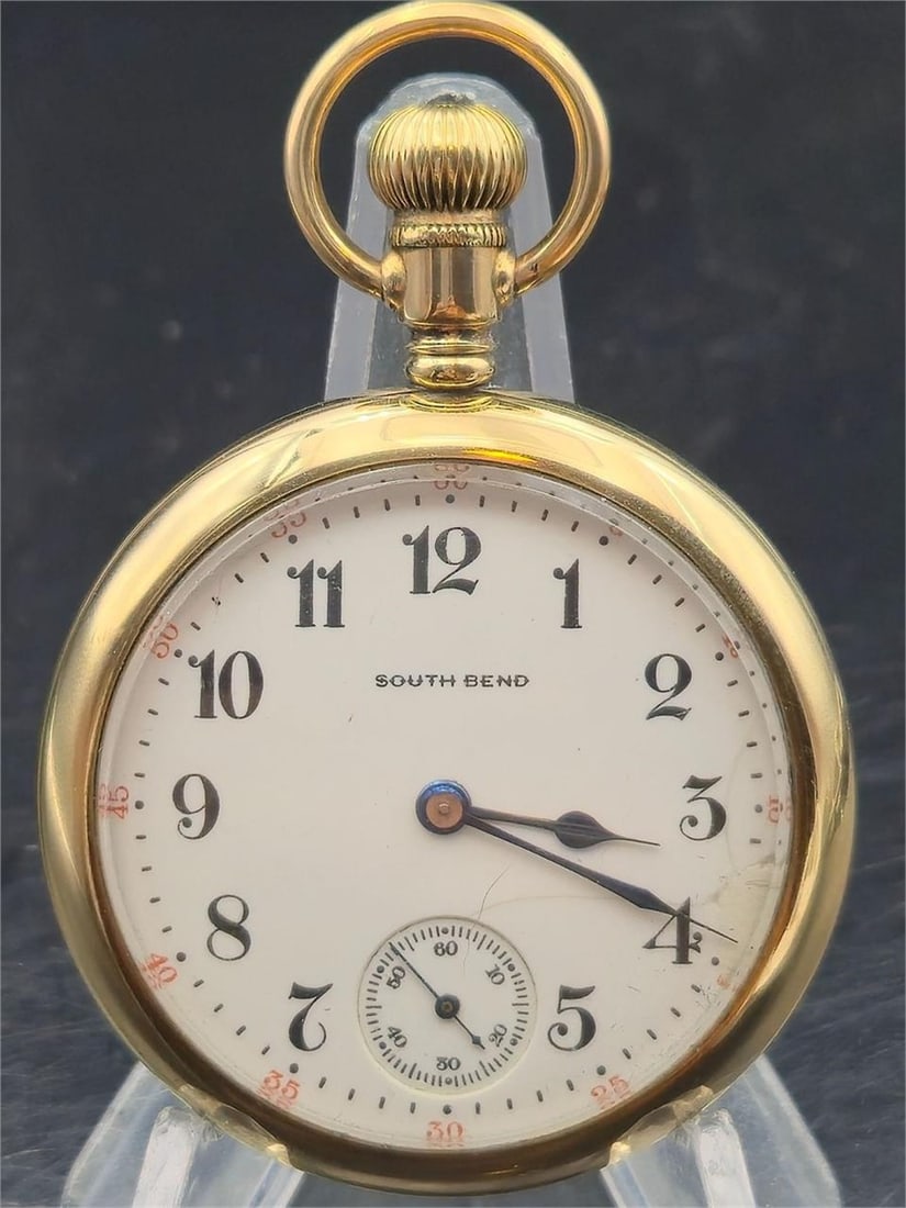1908 South Bend 261 16s 7J GF Pocket Watch: Antique South Bend Watch Co. pocket watch, serial #506028, produced in 1908. This is Grade 261, a 7-jewel, 16-size open-face movement with nickel finish, 3/4 plate, and lever setting. Clean dial marke
