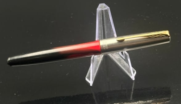 Vintage Parker 45 Fountain Pen, Brushed Steel Cap, Black and Red Barrel, Gold-Plated Nib, (1 of 7)