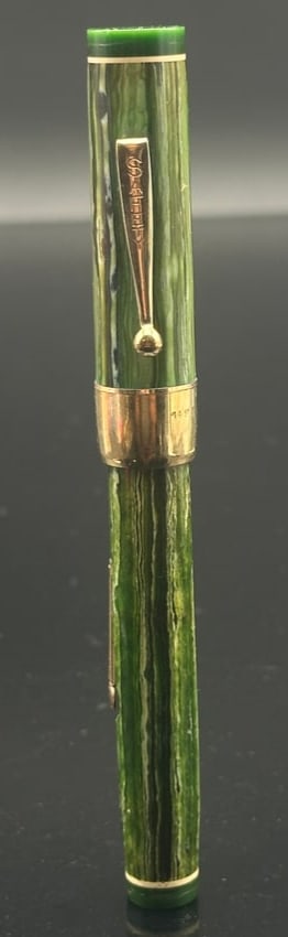 Vintage Mabie Todd “Swan” Lever-Filler Fountain Pen, Green Marbled Celluloid, 14K Gold Nib, (1 of 7)