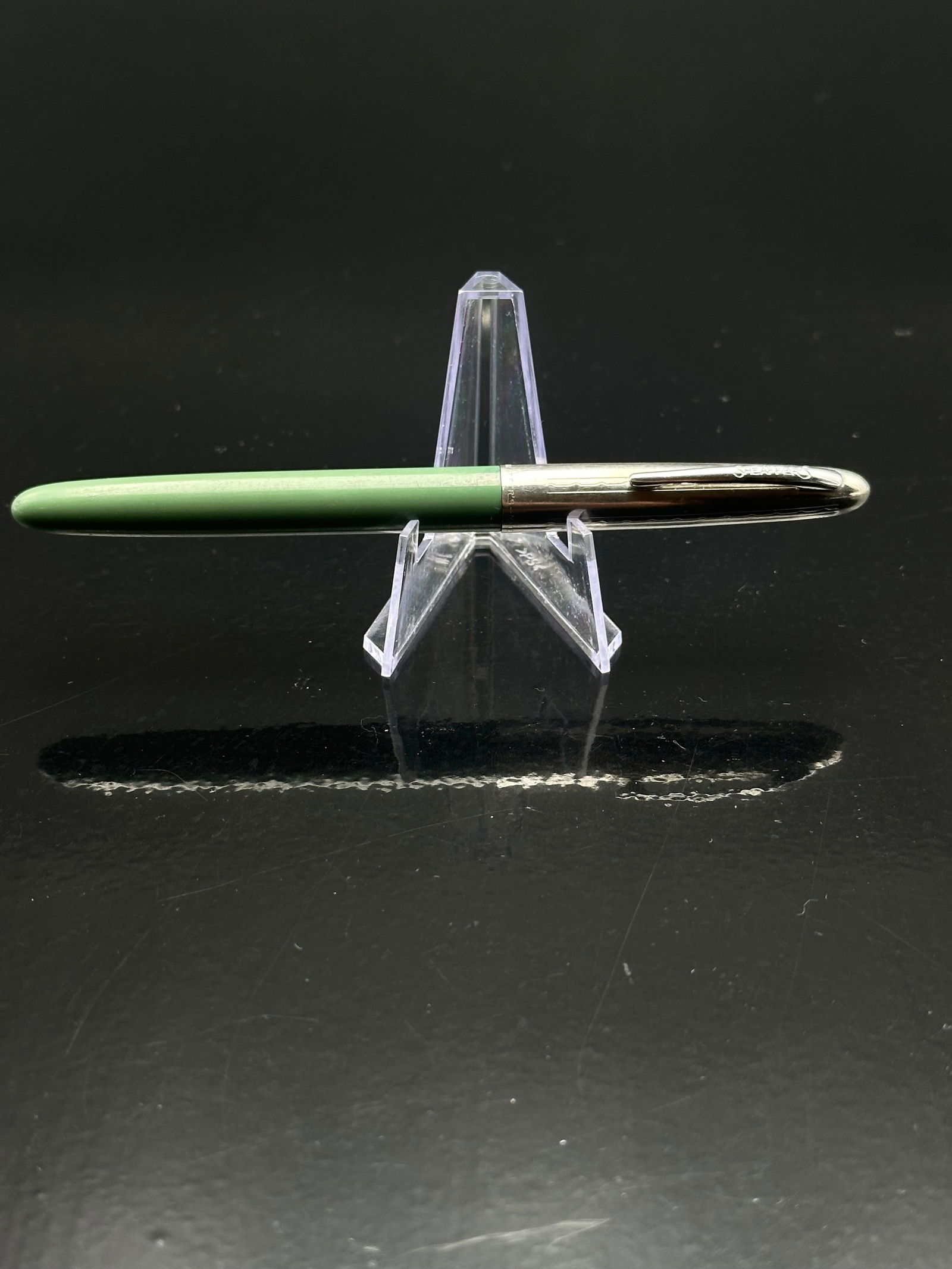 1950s Sheaffer Snorkel “Sentinel” Fountain Pen, Pastel Green with Stainless Cap, Made in USA: A vintage Sheaffer Snorkel “Sentinel” fountain pen, produced in Fort Madison, Iowa, USA, circa 1950s. Features a pastel green barrel and section paired with a stainless steel cap engraved “S