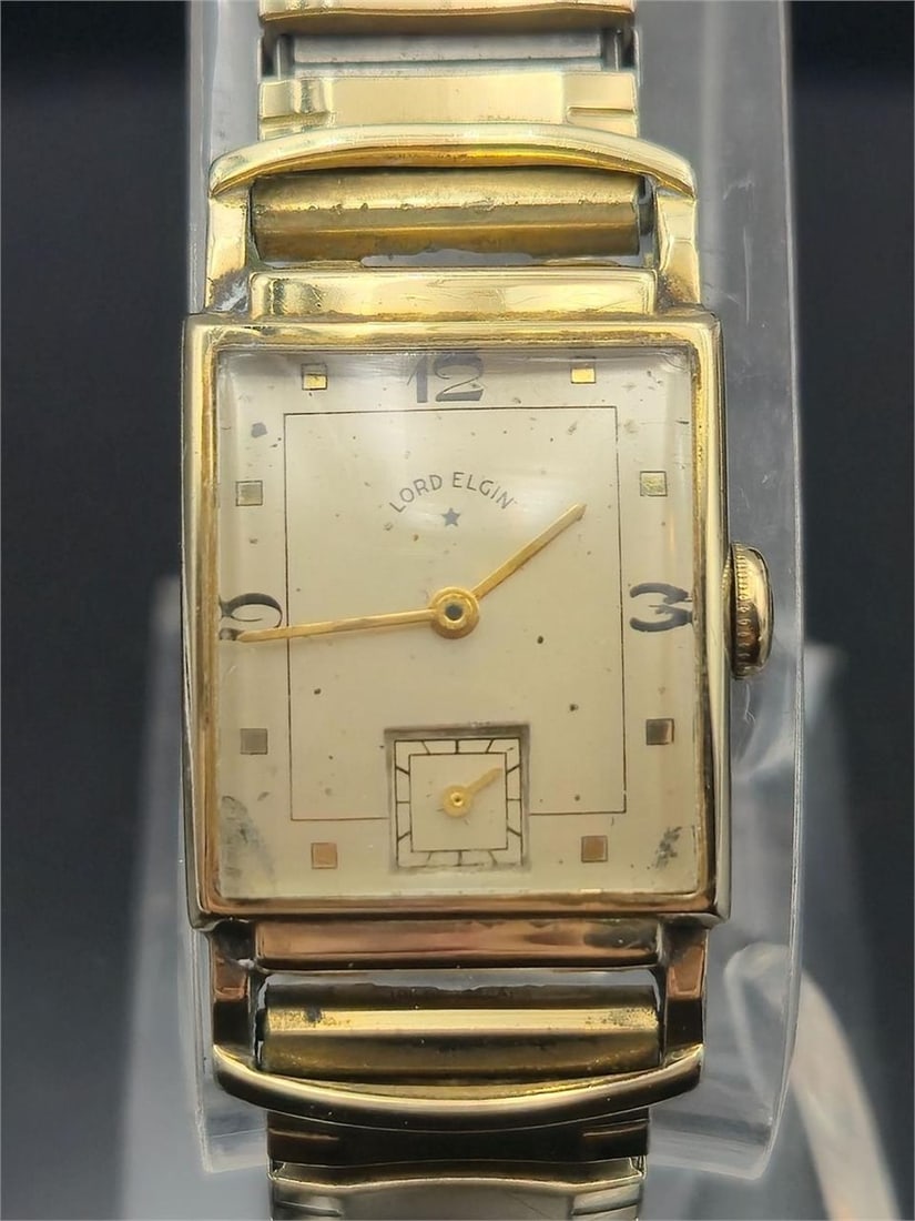 1947 Lord Elgin Packard 14K GF 21J Pres. Watch: Rare 1947 Lord Elgin presentation wristwatch awarded by the Packard Motor Car Company. Features a 14K gold-filled case and is powered by the high-grade Elgin Caliber 559 manual wind movement with 21 j