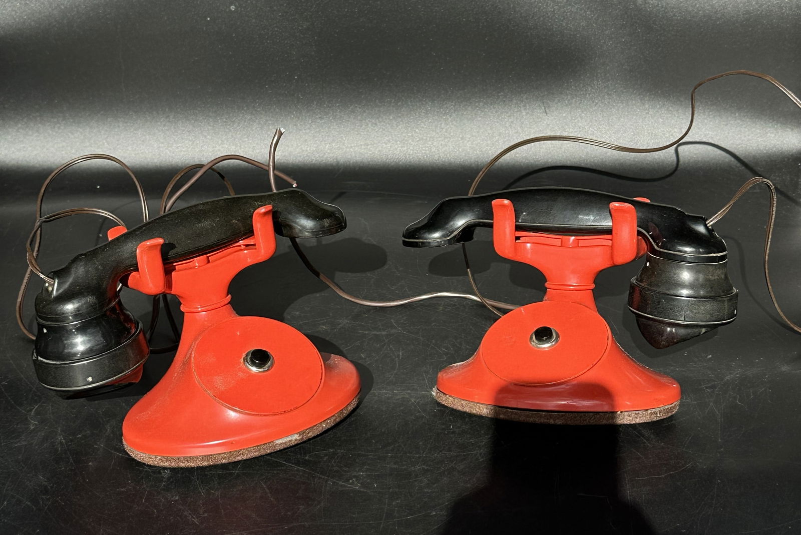 Pair of Vintage Western Electric E1 Handset Intercom Telephones – Red Base & Black Bakelite, c. (1 of 8)