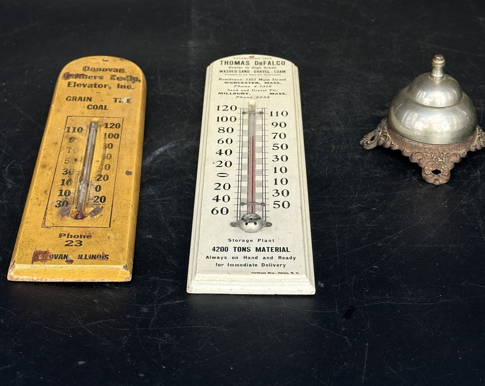 Lot of 2 Antique Wooden Thermometers From Illinois & Ornate Desk Bell (1 of 9)