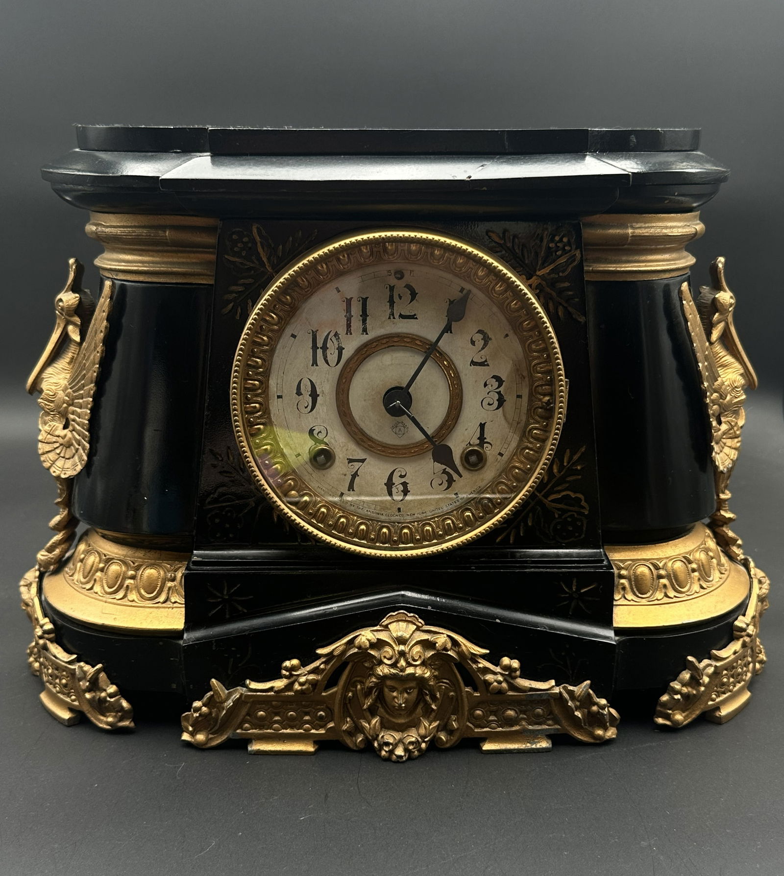 Antique Ansonia Pompeii Model Mantel Clock, Patented 1882, Black and Gold Ornate Design (1 of 13)