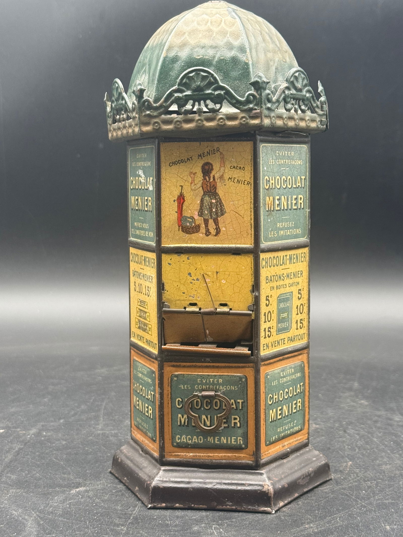 Antique French Menier Chocolates Metal Miniature Parisian Kiosk Coin Op Dispenser Tin Litho (1 of 8)