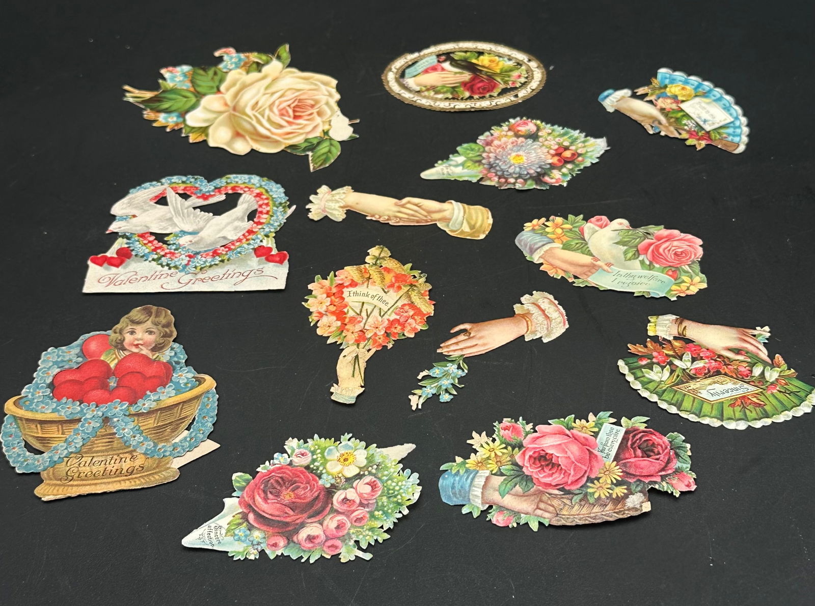 Lot of 12 Antique Victorian Embossed Valentine Die-Cuts (Hands, Doves & Floral Motifs) (1 of 9)