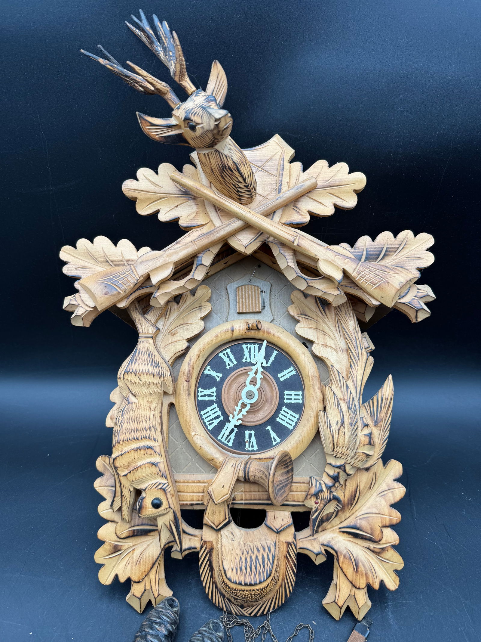 ANTIQUE GERMAN BLACK FOREST BACHMAIER & KLEMMER HUNTER CUCKOO CLOCK, COMPLETE (1 of 9)