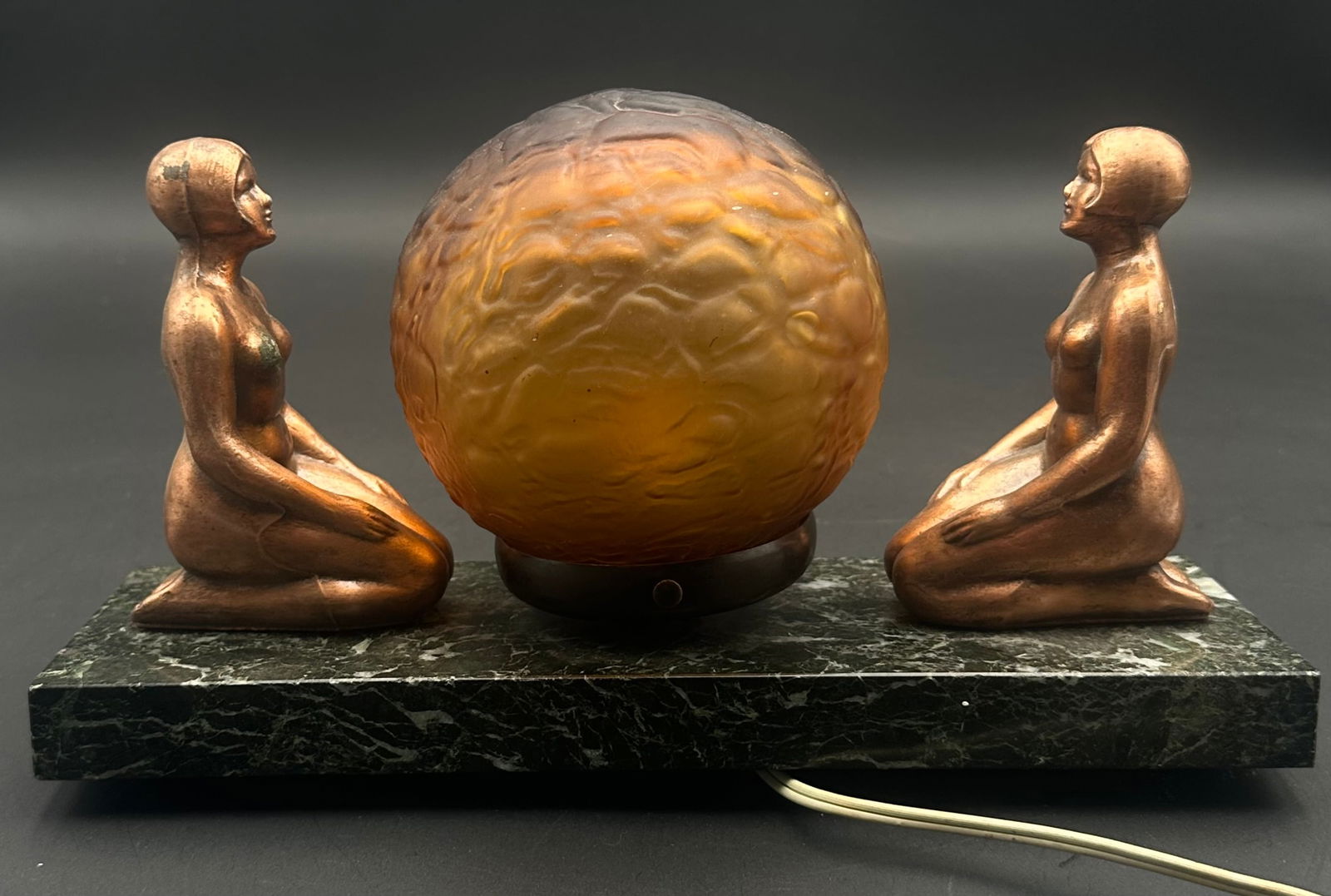 Art Deco Frankart Nuart Figural Lamp with Two Kneeling Women & Amber Glass Globe (1 of 17)