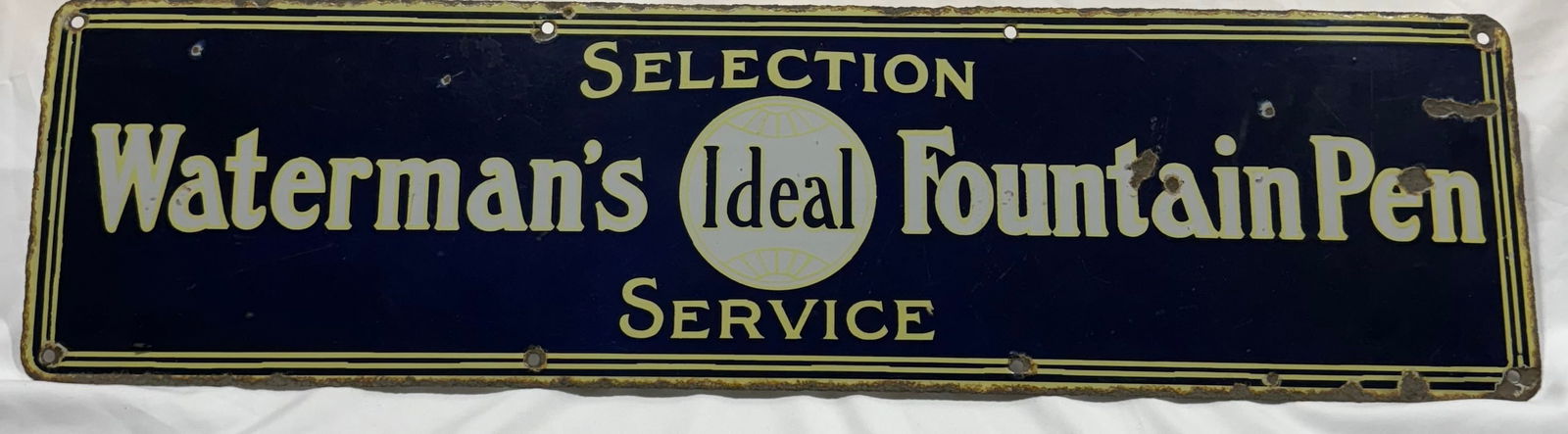 Enameled porcelain sign for Waterman Co.'s Ideal brand fountain pens.: Waterman’s Fountain Pen Sign: Early, heavy, enameled porcelain sign for Waterman Co.’s Ideal brand fountain pens.