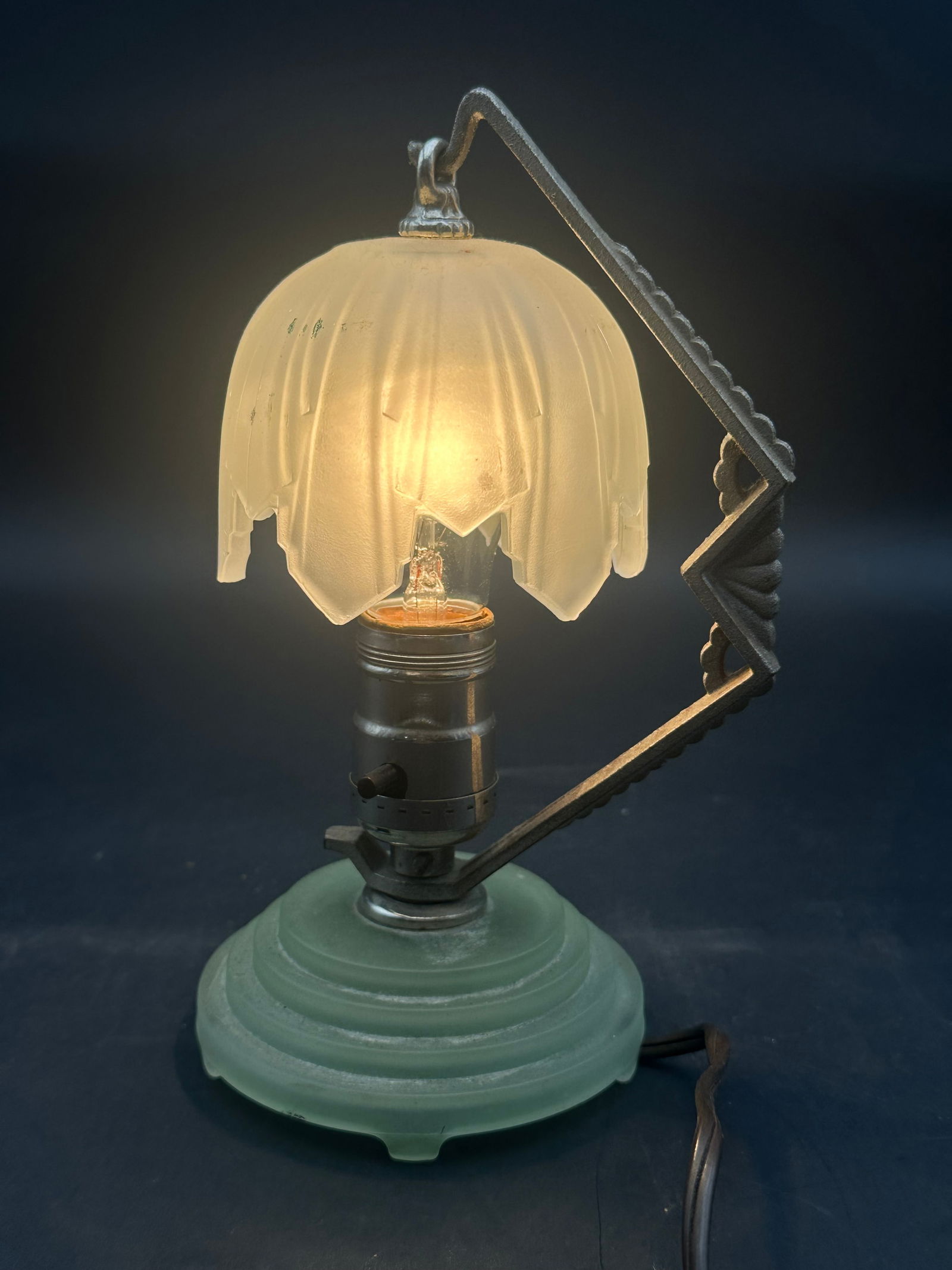 Art Deco Jadeite Glass Desk Lamp with Frosted Tulip Shade, Leviton Socket: Vintage Art Deco desk or boudoir lamp featuring a frosted green glass tulip shade and matching jadeite base with stepped form. Fitted with a chrome Leviton socket (250W 250V) and Electrocord plug. Lig