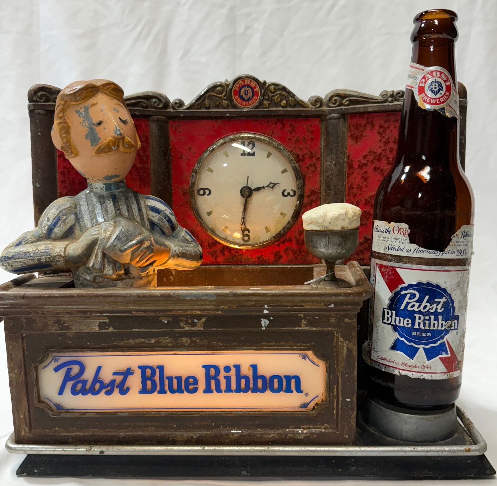 Vintage 1950s60s Pabst Blue Ribbon Beer Lighted Bar Display W/Clock PBR Sign (1 of 9)