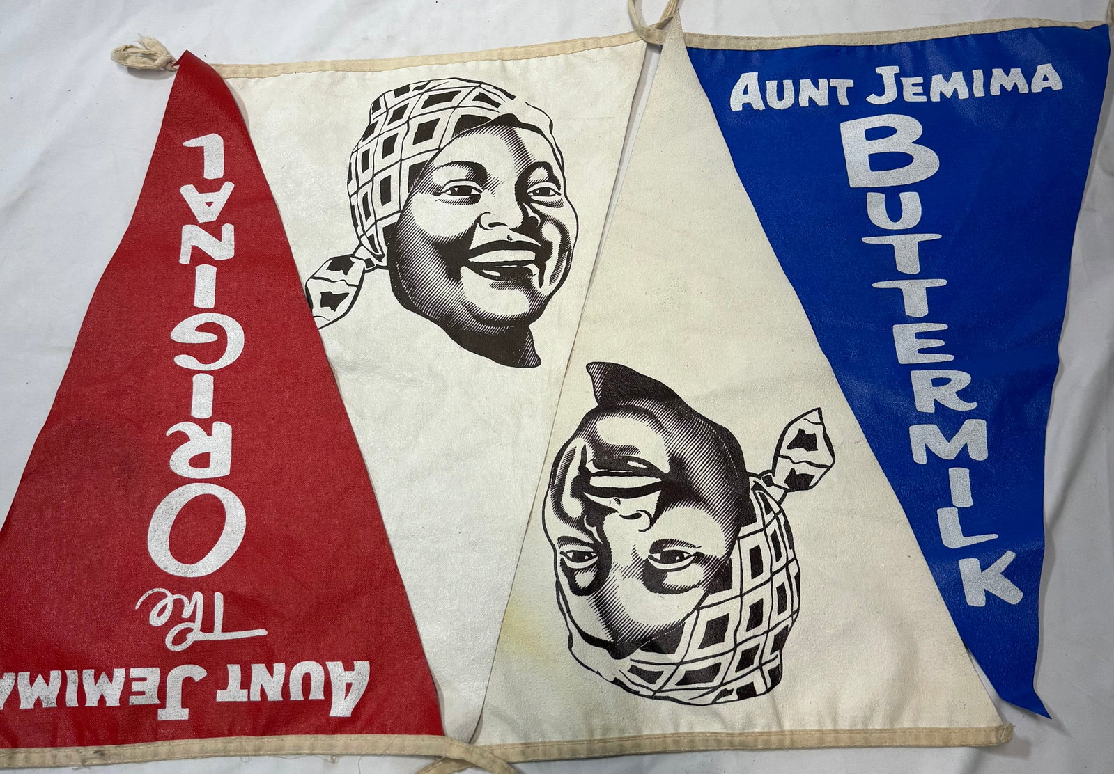 4 AUNT JEMIMA ORIGINAL STORE BANNER: AUNT JEMIMA ORIGINAL COMPLETE STORE BANNER vintage Aunt Jemima pennants. These are advertising items from the brand, which was founded in 1889 and is now known as Pearl Milling Company. The original A