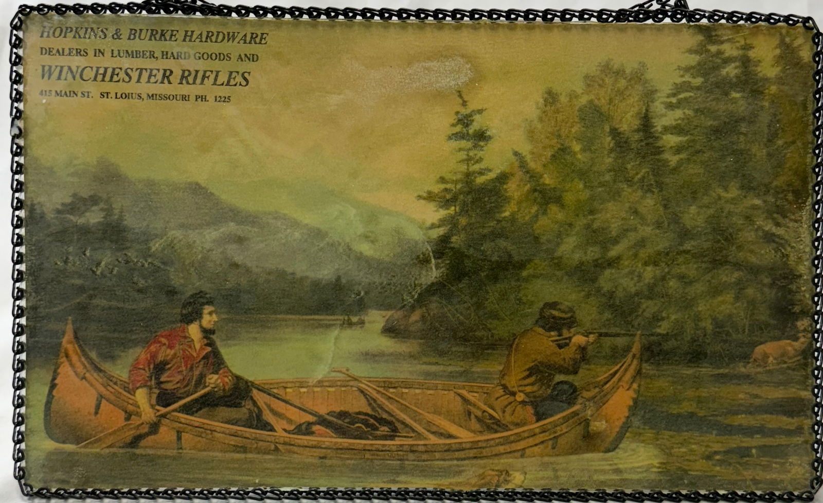 Winchester Rifles Dealer Promotional advertising sign for Hopkins & Burke Hardware St Louis Missouri: advertisement identifies the business as "Hopkins & Burke Hardware," located at "415 Main St., St. Louis, Missouri". This version of the print is believed to be a reproduction used for advertising, po