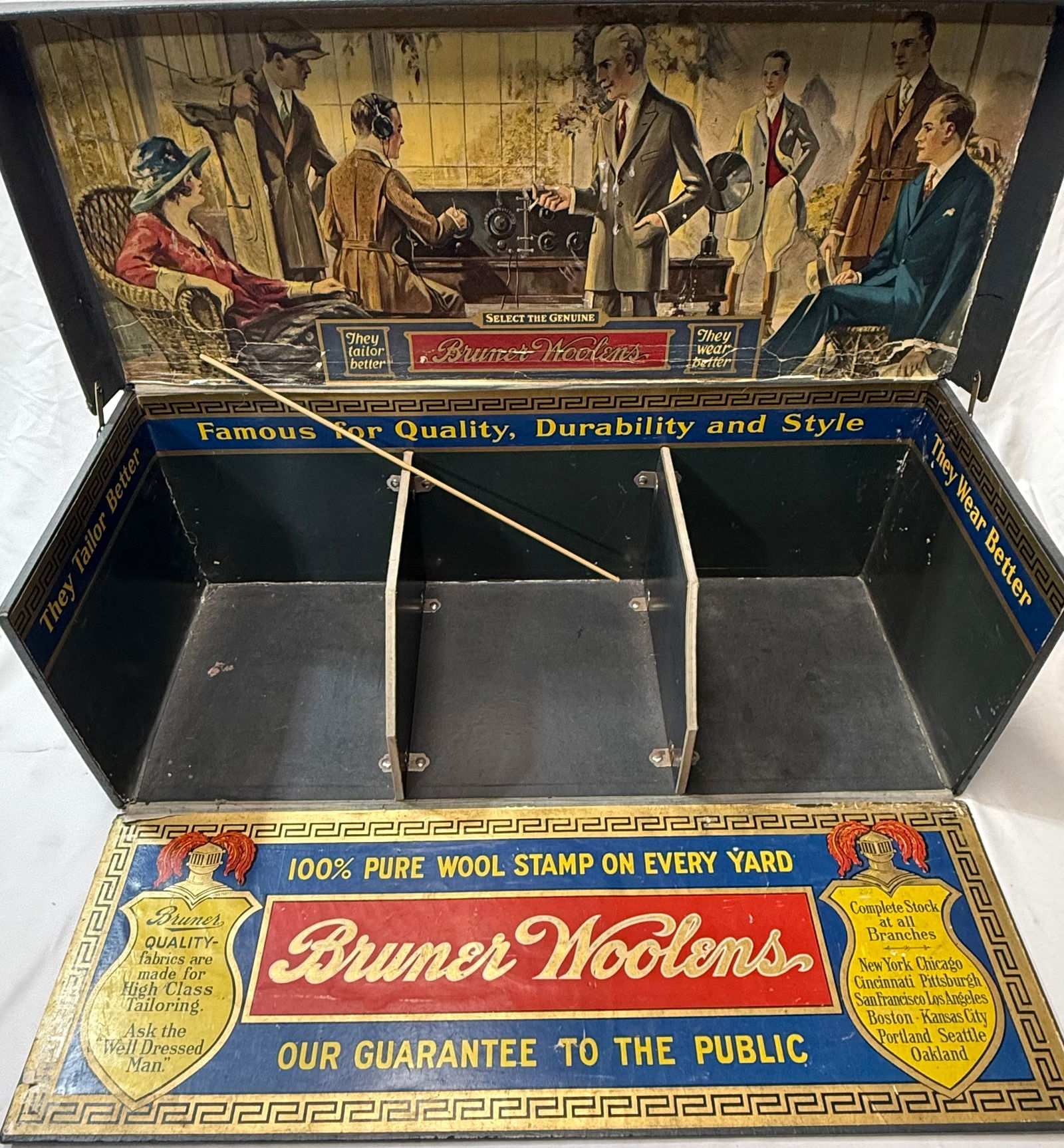 vintage Bruner Woolens advertising salesman sample display box, likely from the 1920s (1 of 12)