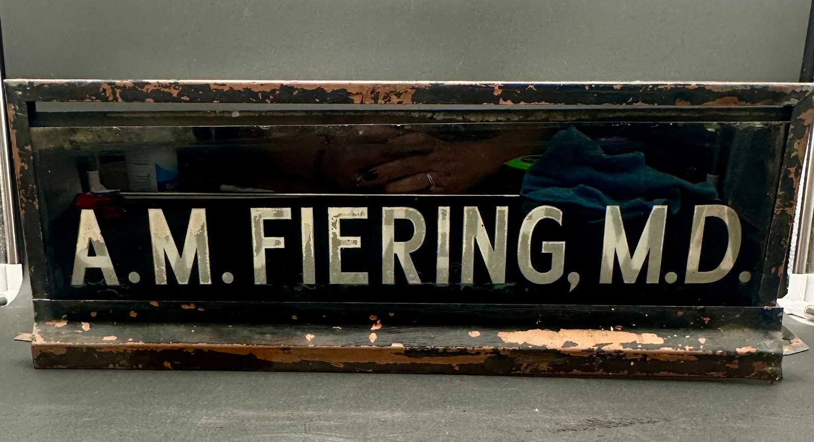Antique Reverse-Painted Glass Doctor’s Office Sign “A.M. Fiering, M.D.” in Metal Frame (1 of 9)