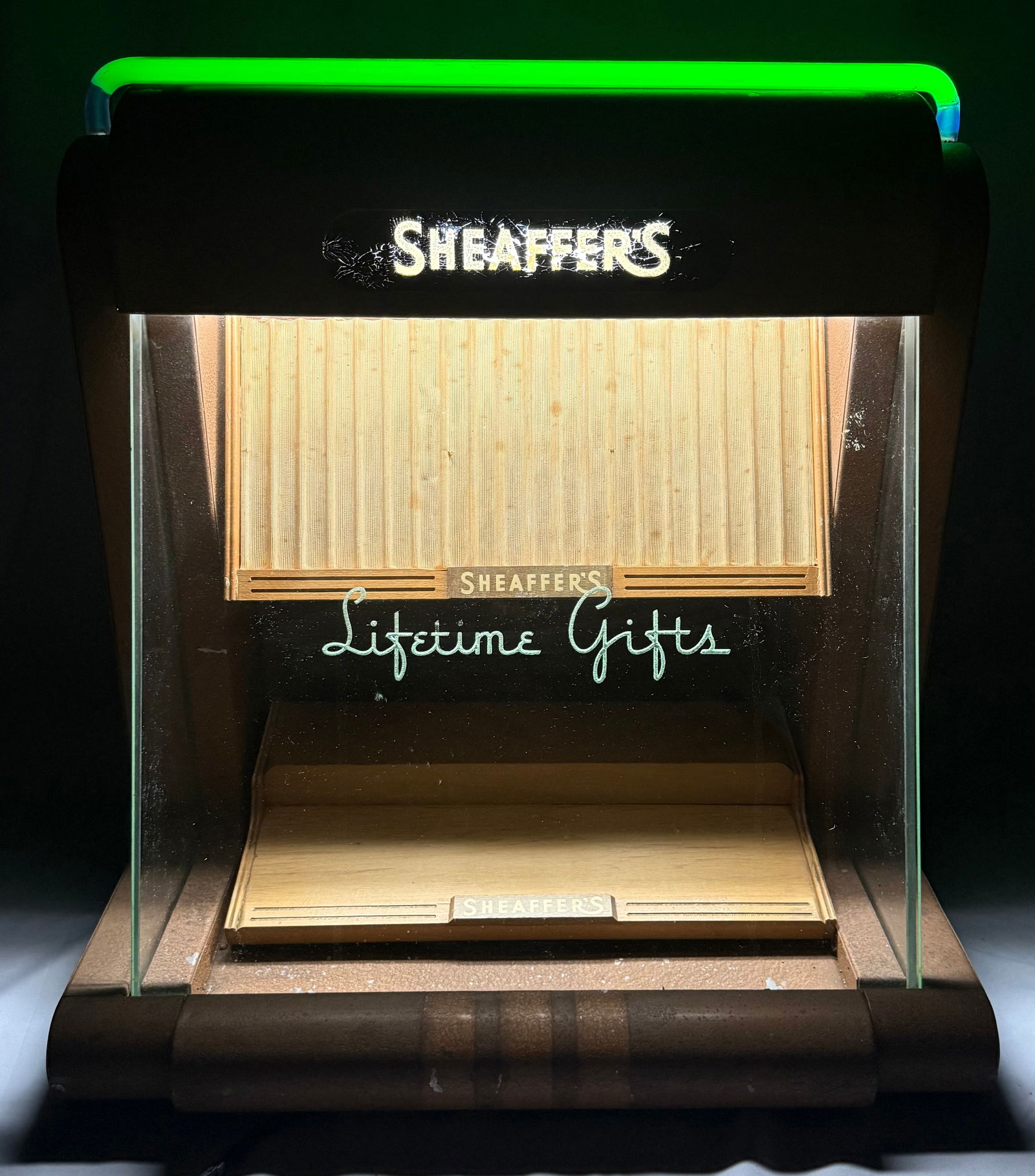VINTAGE SHEAFFER PENS NEON LIGHTED METAL/WOOD STORE DISPLAY CASE (1 of 8)