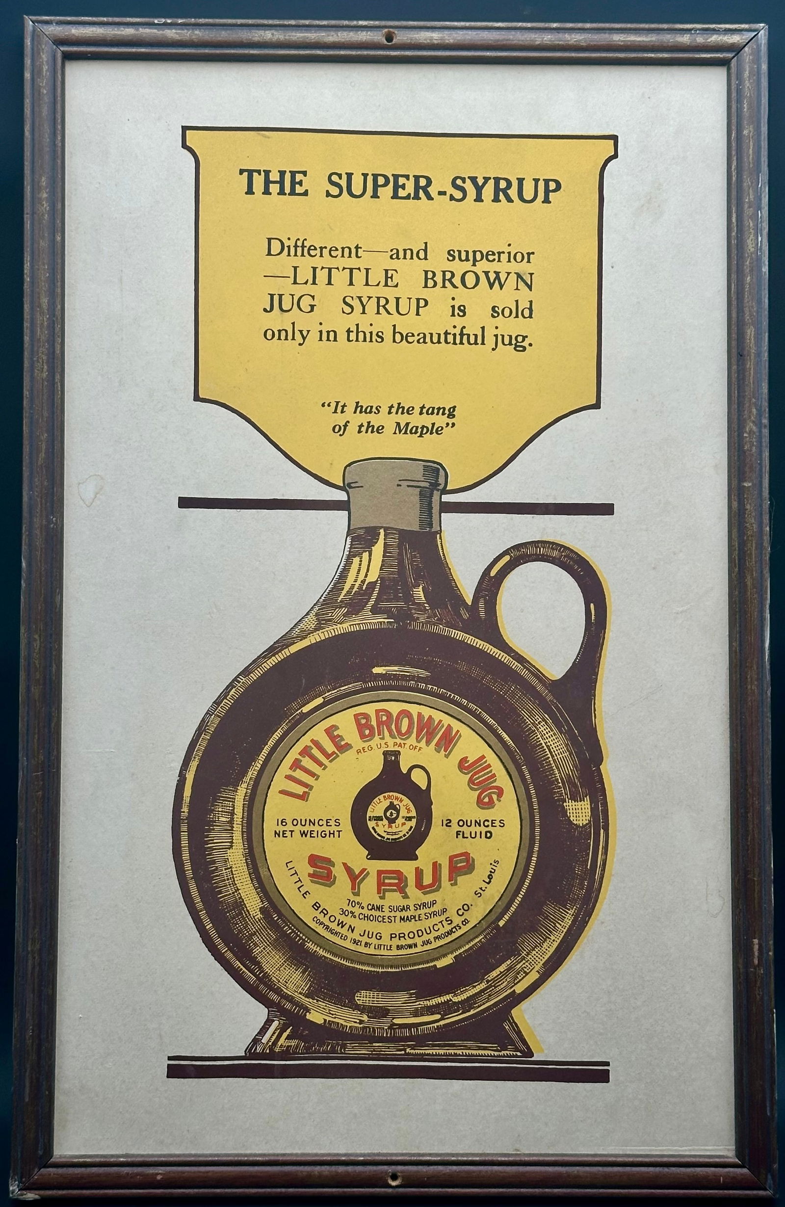 1921 Little Brown Jug Syrup Framed Advertising Sign – “The Super-Syrup” St. Louis (1 of 7)