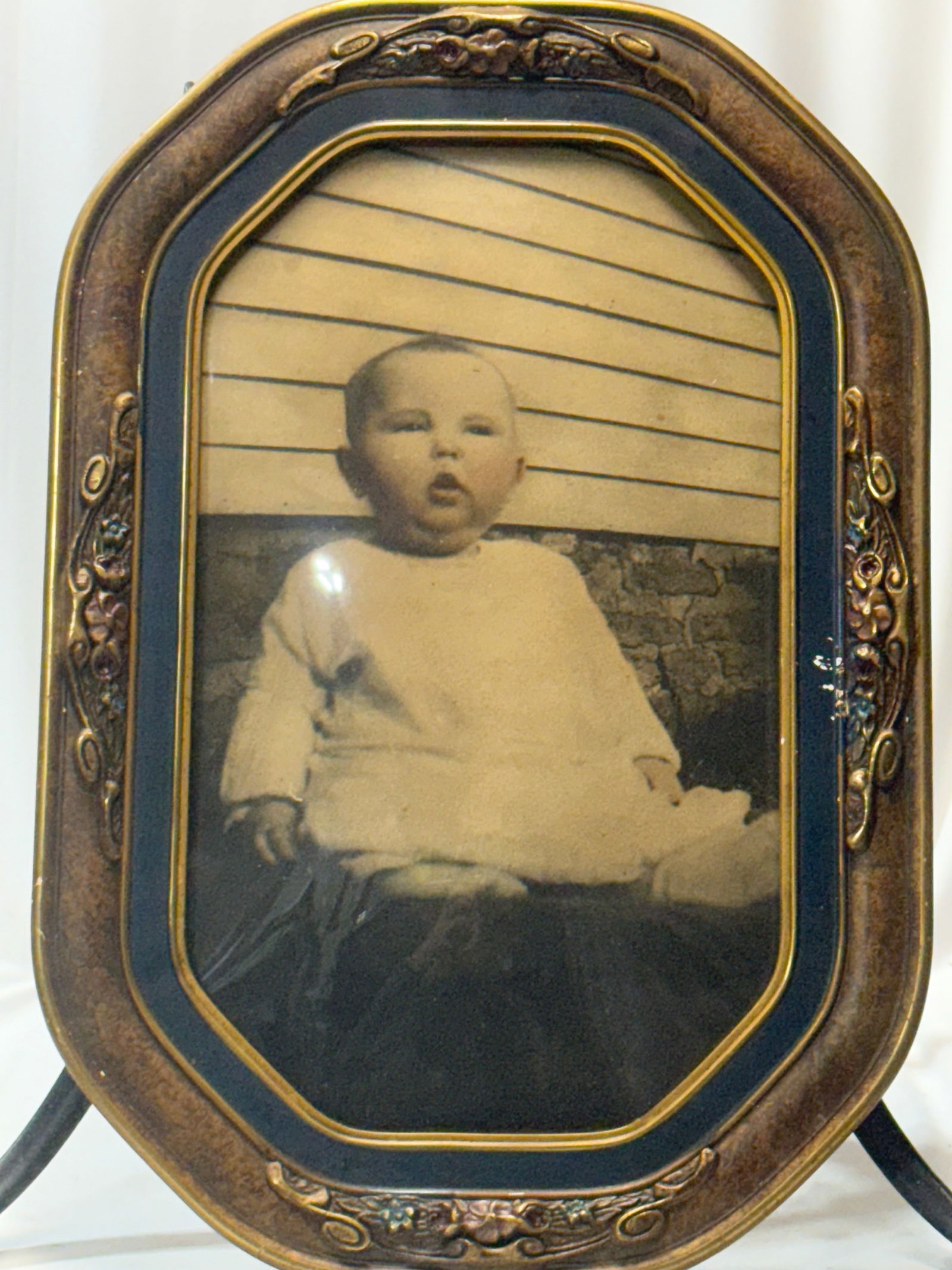 Victorian Ornate Oval Baby Photo Framed in Rounded Curved Glass Bubble: Frame size 22x15