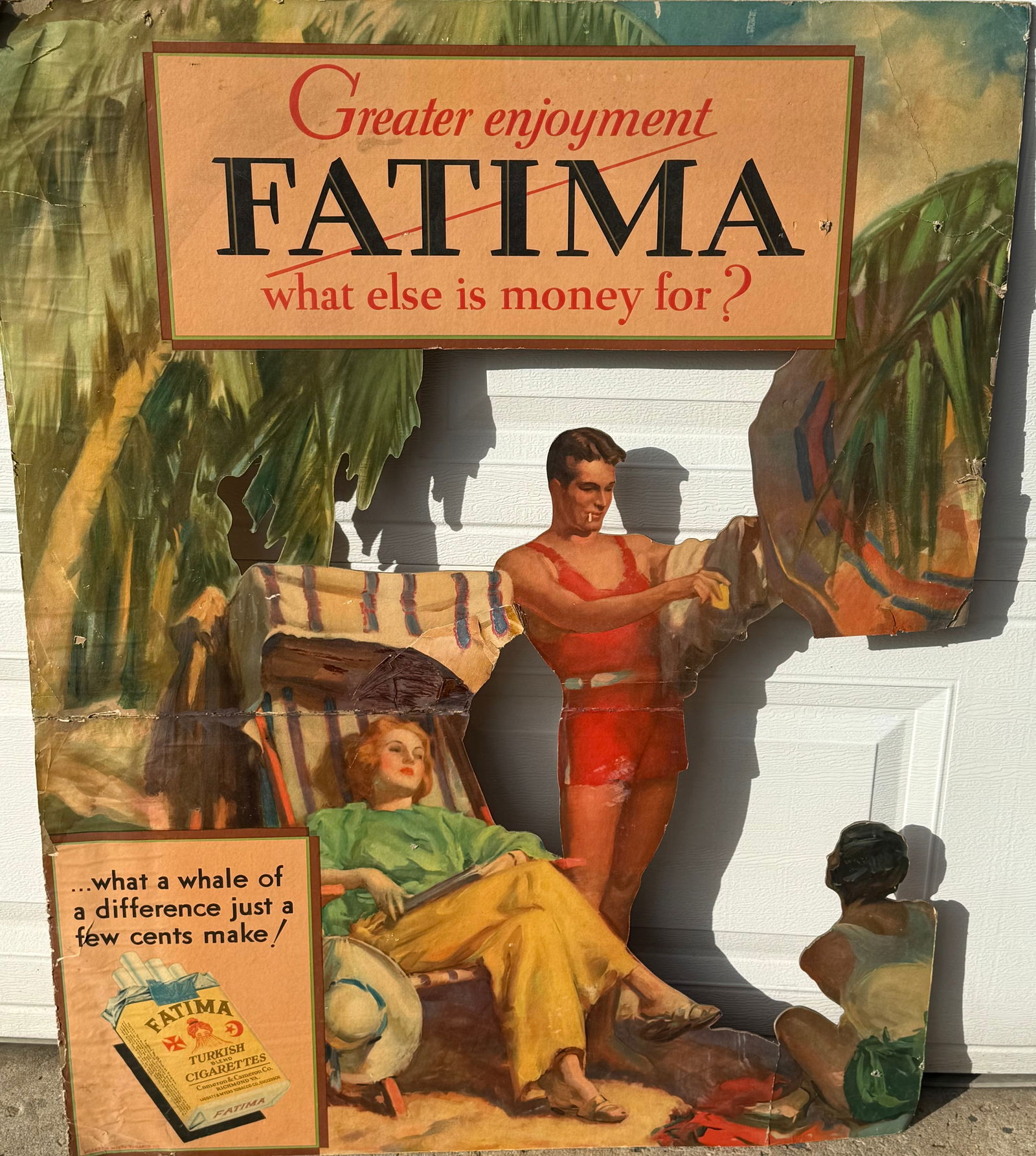 Vintage Die Cut cardboard cutout advertisement for Fatima Turkish Cigarettes 41x32 (1 of 8)