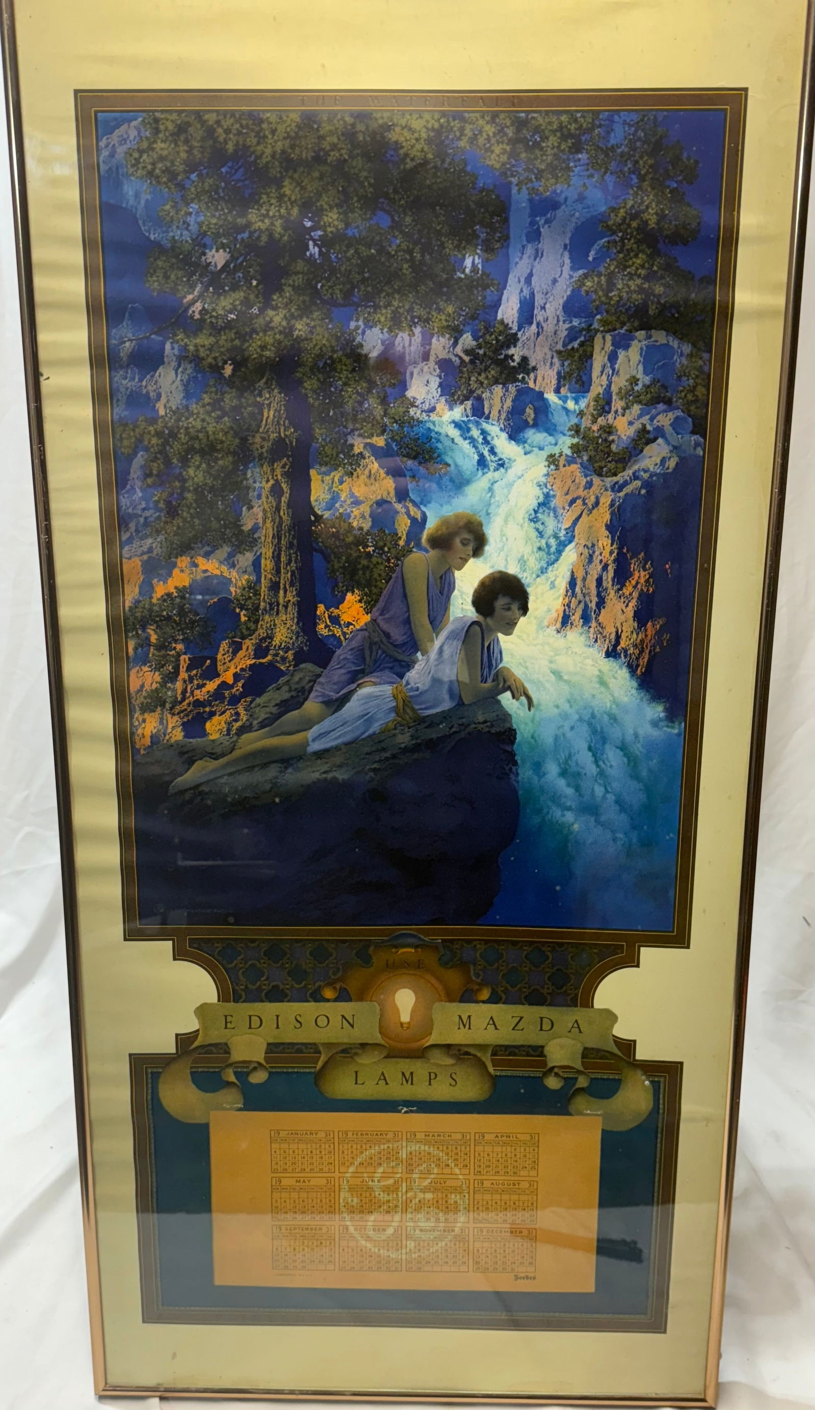Framed print of the painting "The Waterfall" by American artist Maxfield Parrish Edison Mazda Lamps (1 of 11)