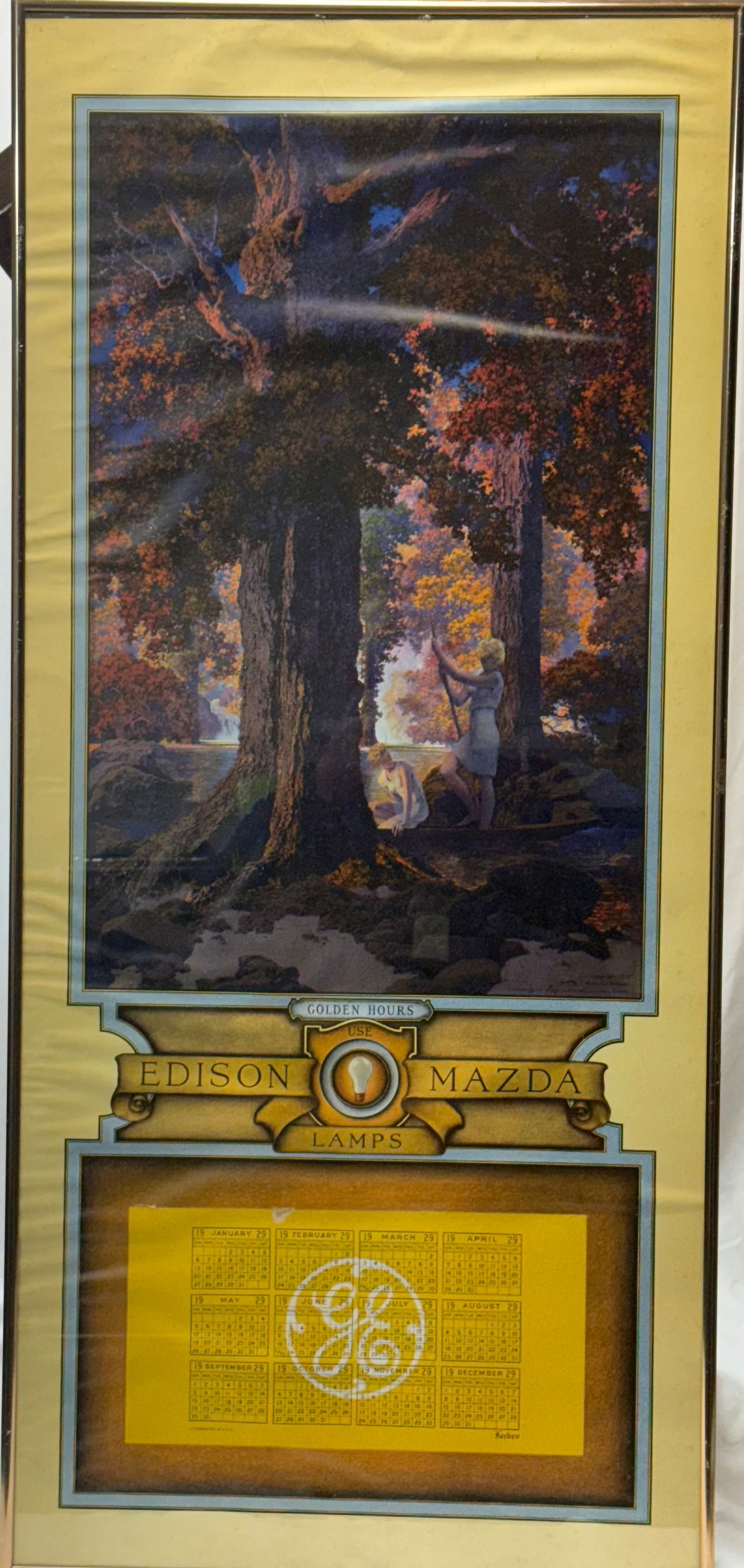 Framed 1929 Edison Mazda calendar featuring the painting "Golden Hours" by Maxfield Parrish. (1 of 9)