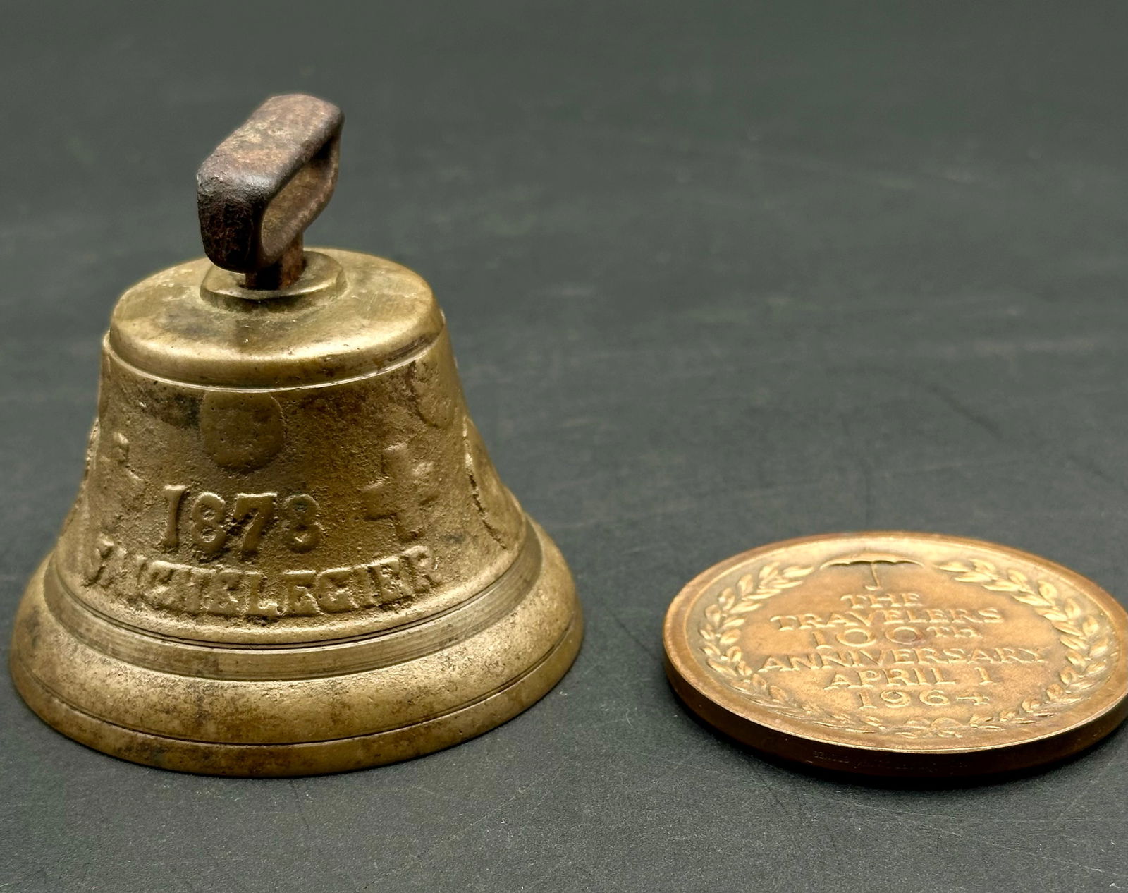 Antique 1878 Brass Hand Bell & 1964 Travelers Insurance Centennial Medallion (1 of 6)
