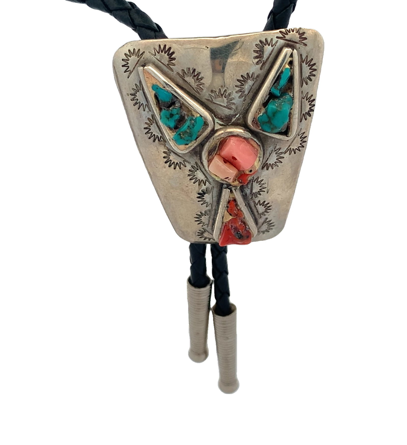 Vintage Native American Navajo sterling silver bolo tie with turquoise and coral stones (1 of 4)