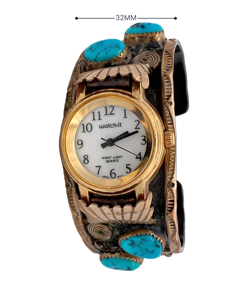 Vintage Navajo Sterling Silver and Brass Turquoise Watch Cuff Bracelet Signed “Wiley” (1 of 6)