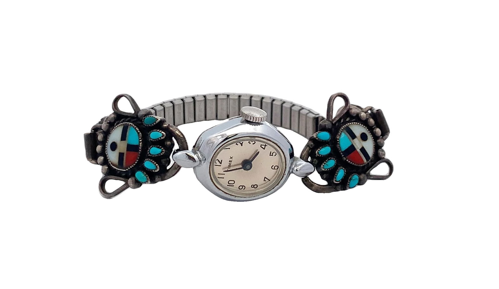 Vintage Zuni Sterling Silver Sunface Inlay Watch with Turquoise & Coral Accents (1 of 5)