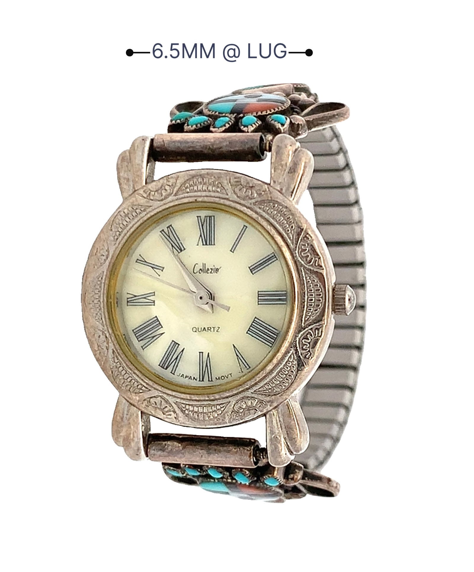 Vintage “G.K Zuni” Sterling Silver Sunface Inlay Watch with Turquoise & Coral, 26g (1 of 5)