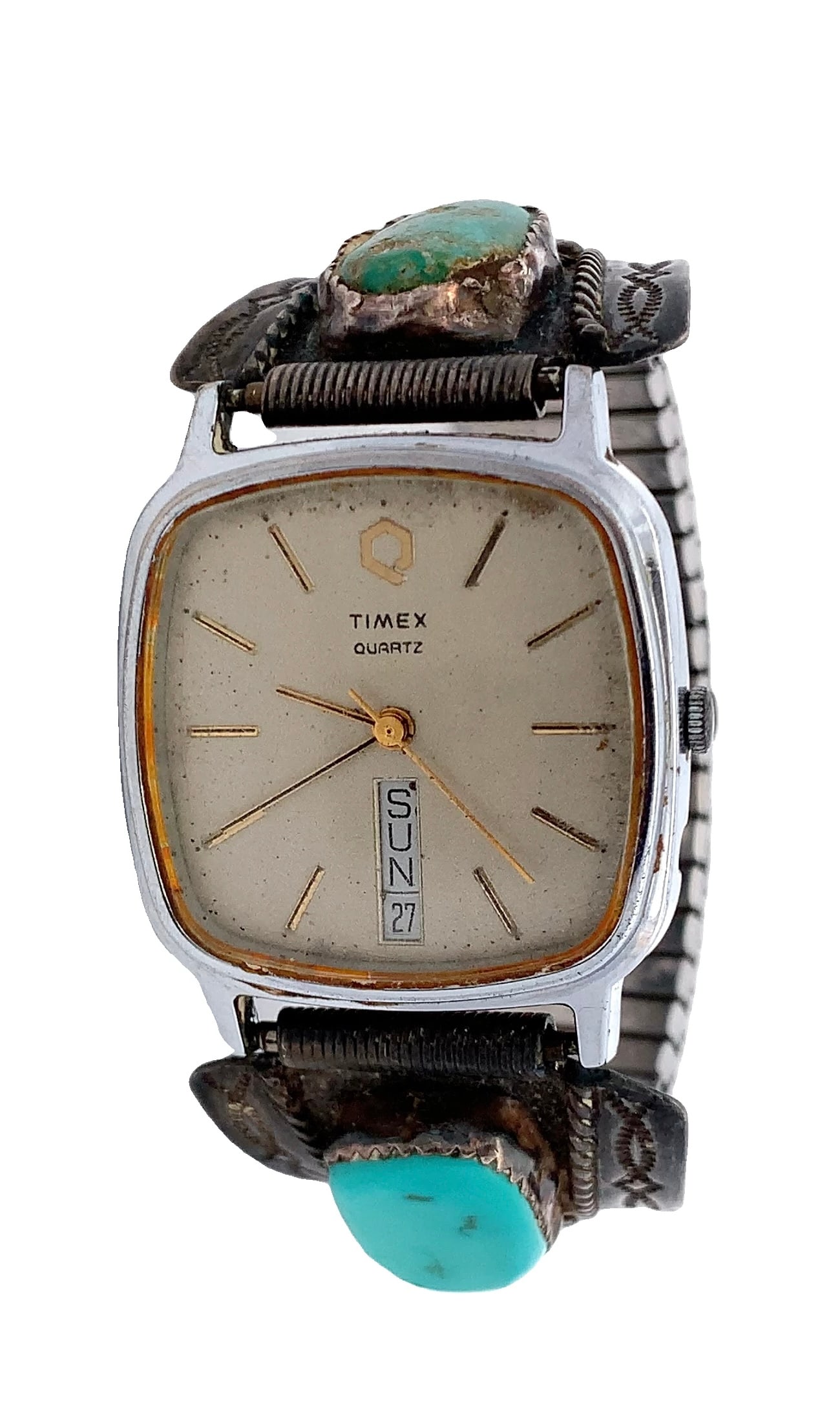 Vintage Native American Timex Quartz Watch with Turquoise & Coral Silverwork Band (1 of 4)