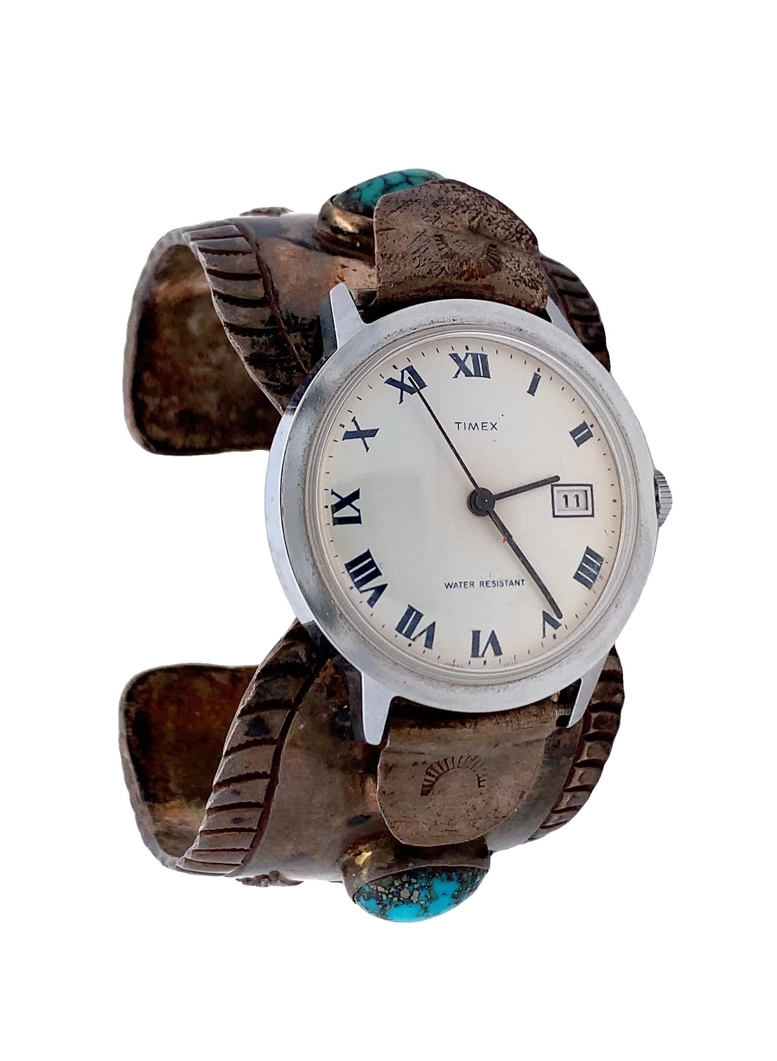 Vintage Native American Timex Watch with Turquoise Inlay Sterling Cuff (1 of 6)
