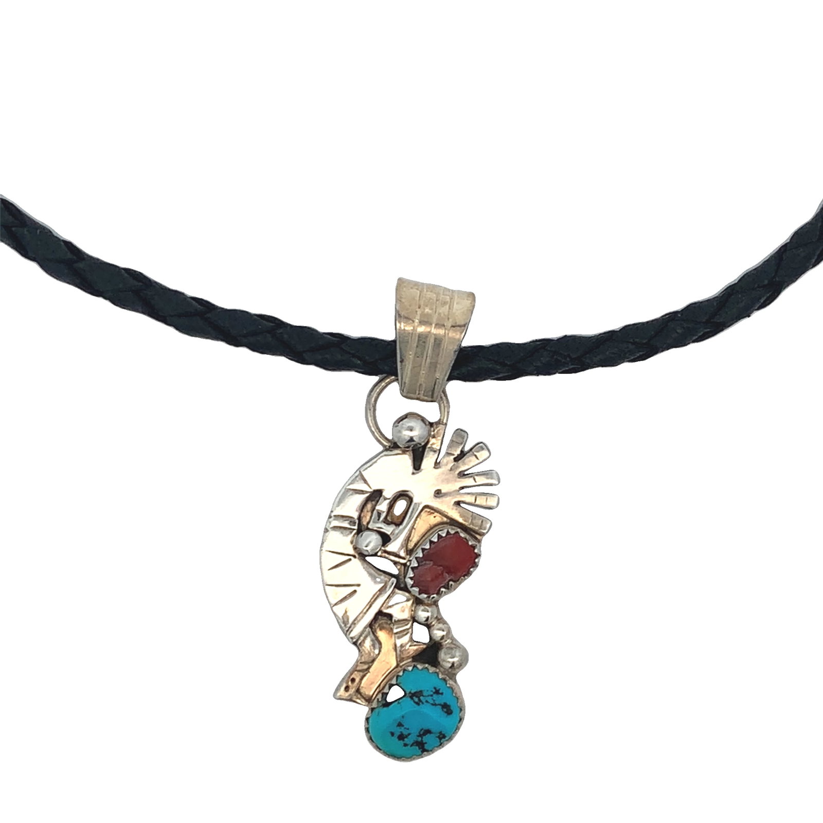 Sterling silver pendant stamp R,B: Markings: Features an "RB" stamp, which is a common hallmark for Native American artists, particularly those associated with the Running Bear trading post or artists like Richard Begay.Dimensions: The
