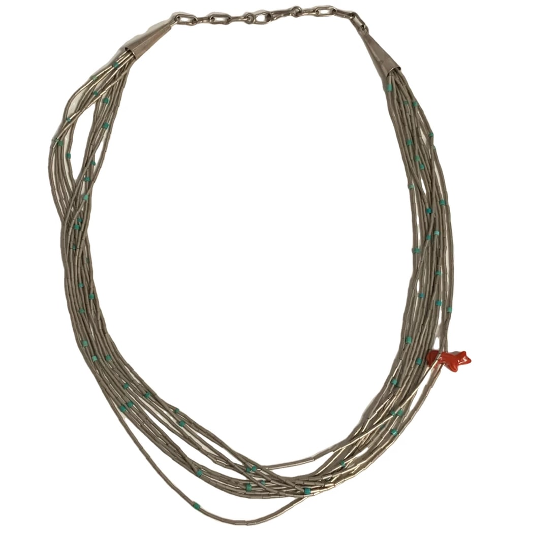 Vintage Native American Navajo 10-strand "liquid silver" necklace with turquoise and coral beads. (1 of 4)