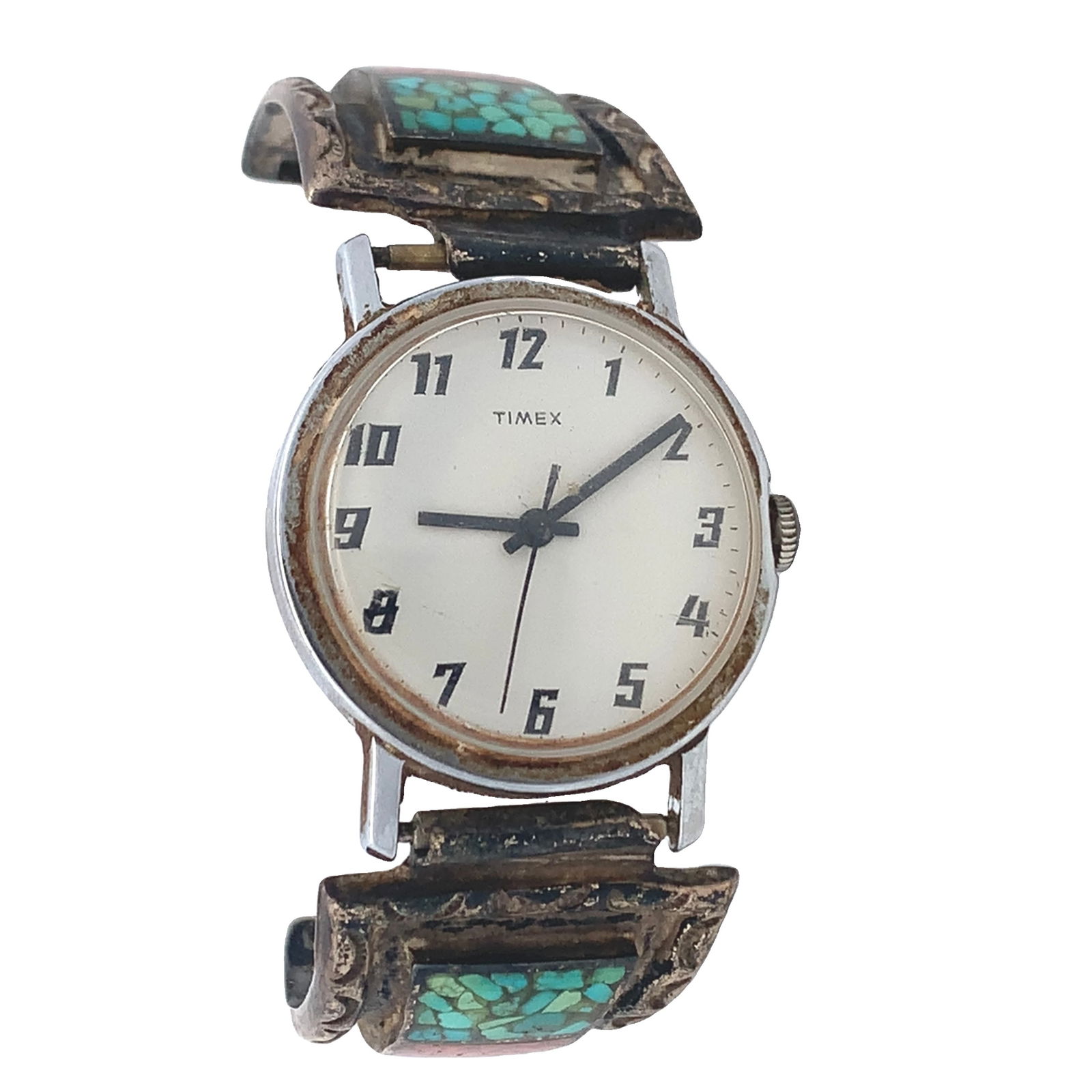 Vintage Navajo Timex Watch with Turquoise & Coral Chip Inlay Cuff (1 of 4)