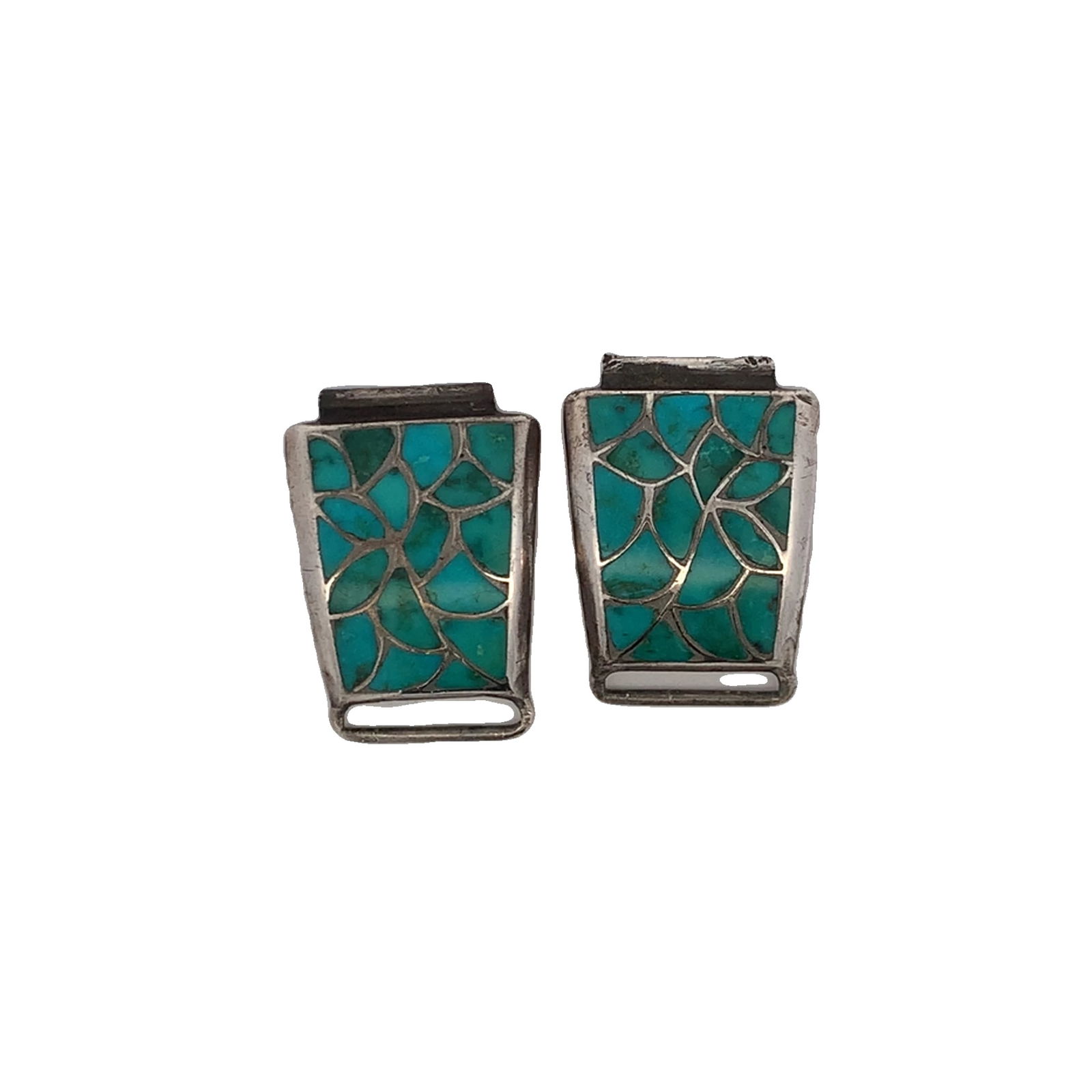 Vintage Navajo Sterling Silver Turquoise Inlay Watch Tips: Pair of vintage Navajo sterling silver watch tips with mosaic turquoise inlay in a flowing, web-like pattern. Beautiful Southwestern craftsmanship with natural patina and age wear. Unsigned.