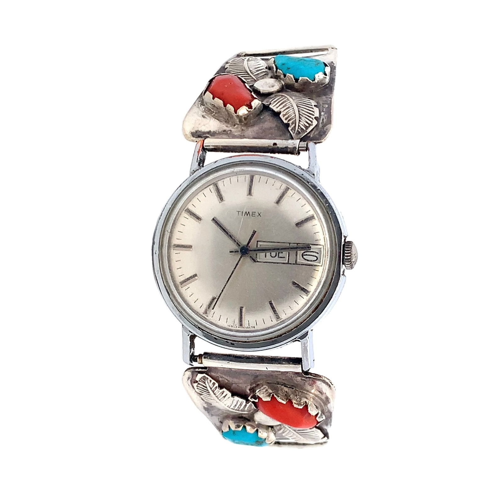 Vintage Navajo Sterling Silver Timex Watch with Turquoise & Coral: Vintage Timex watch set in handcrafted Navajo-style sterling silver tips featuring turquoise and coral cabochons, accented with leaf and scroll motifs. Approx. 46g with watch, 12.5mm stones, unsigned,