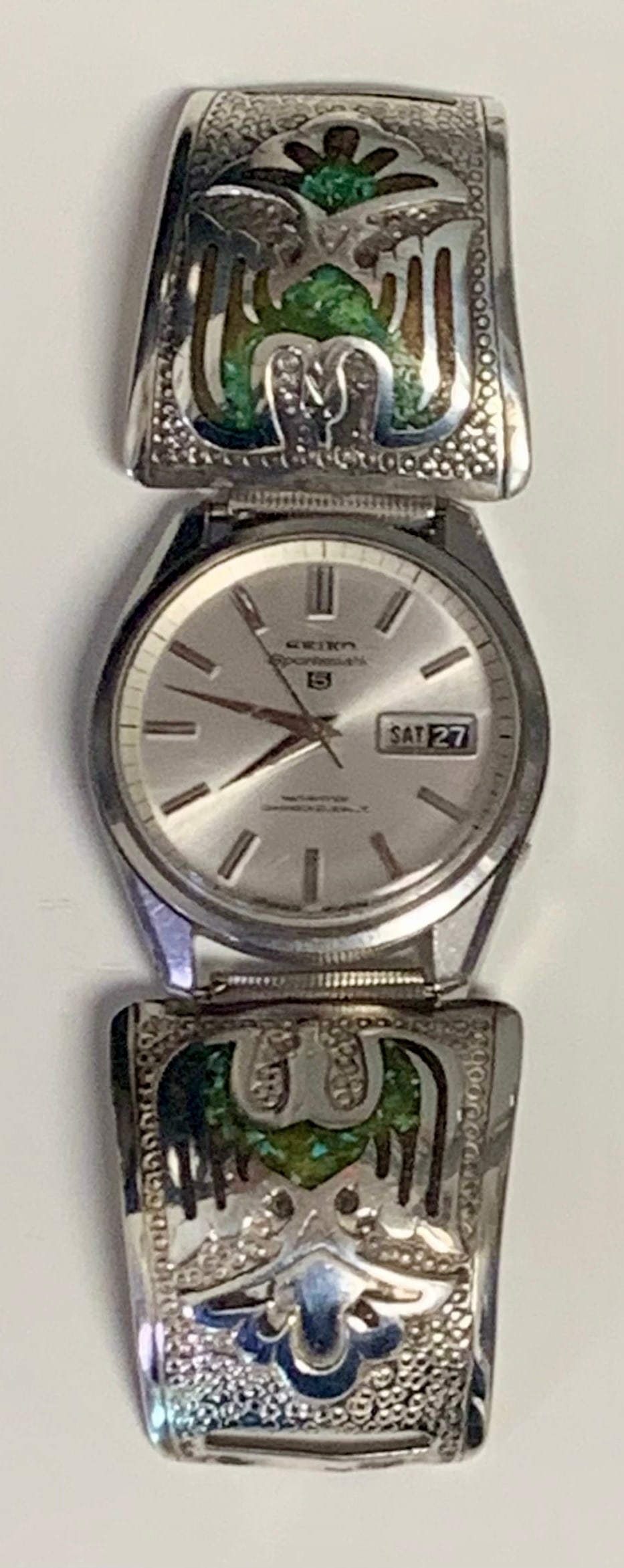 Vintage Seiko Sportsmatic Watch with Thunderbird Turquoise Inlay Cuff (1 of 6)