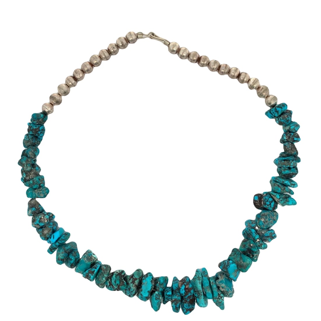 Vintage Navajo Turquoise Nugget Necklace with Sterling Bench Beads-83g: Beautiful Navajo-style turquoise nugget necklace featuring natural blue-green stones with rich matrix and sterling silver bench beads. Hook clasp closure. Total weight approx. 83 grams. Unsigned, exce
