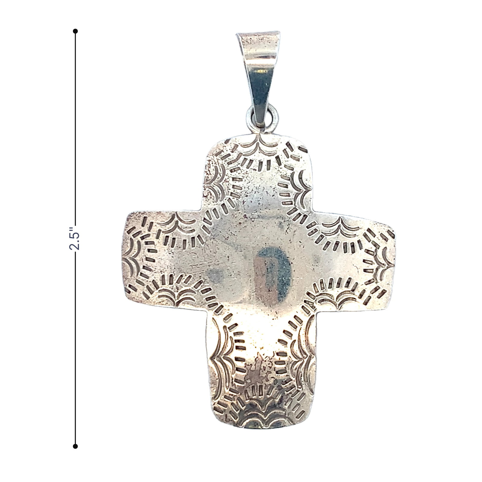 Large 2.5” Mexico Sterling Silver Hand Stamped Cross Pendant – 14.5g: Beautiful vintage Mexico 925 sterling silver cross pendant with intricate hand-stamped designs on both sides. Measures approx. 2.5” x 1.75”, total weight 14.5 grams. Marked Mexico 925. Ele