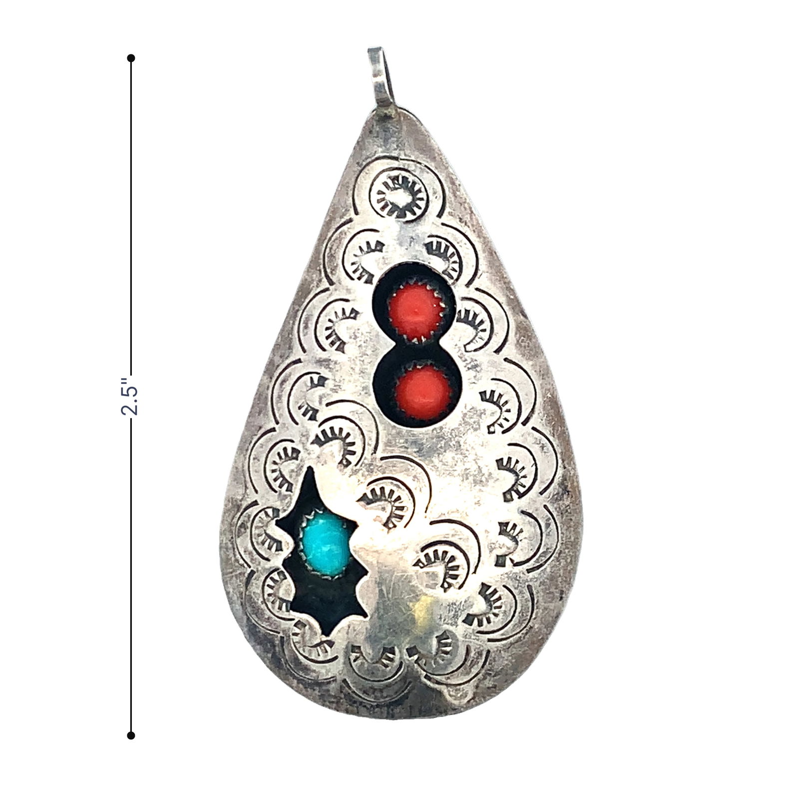 VA Sterling Silver Navajo Stamped Teardrop Pendant with Coral & Turquoise – 2.5”: Hand-stamped sterling silver teardrop pendant featuring two red coral cabochons and one turquoise stone set in sawtooth bezels. Signed VA on the back. Measures approx. 2.5” long. Traditional Nav